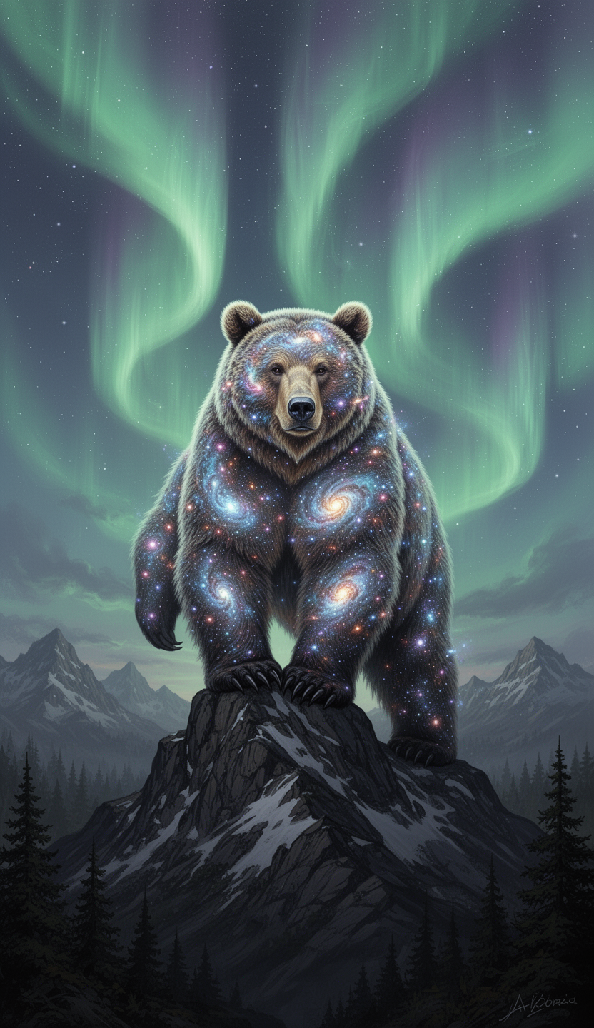 AI generated image using WERYAI_IMAGE_2_0: A majestic grizzly bear made entirely of glowing galaxies and nebulae, standing ...