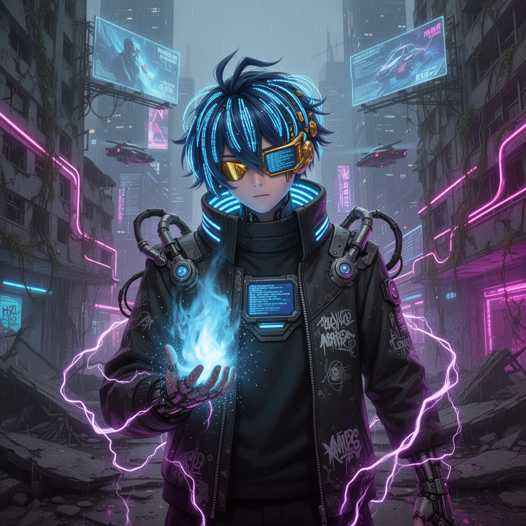 AI generated image using WERYAI_IMAGE_2_0: Cyberpunk dystopian world, a young boy's dark blue hair modified into mechanical...