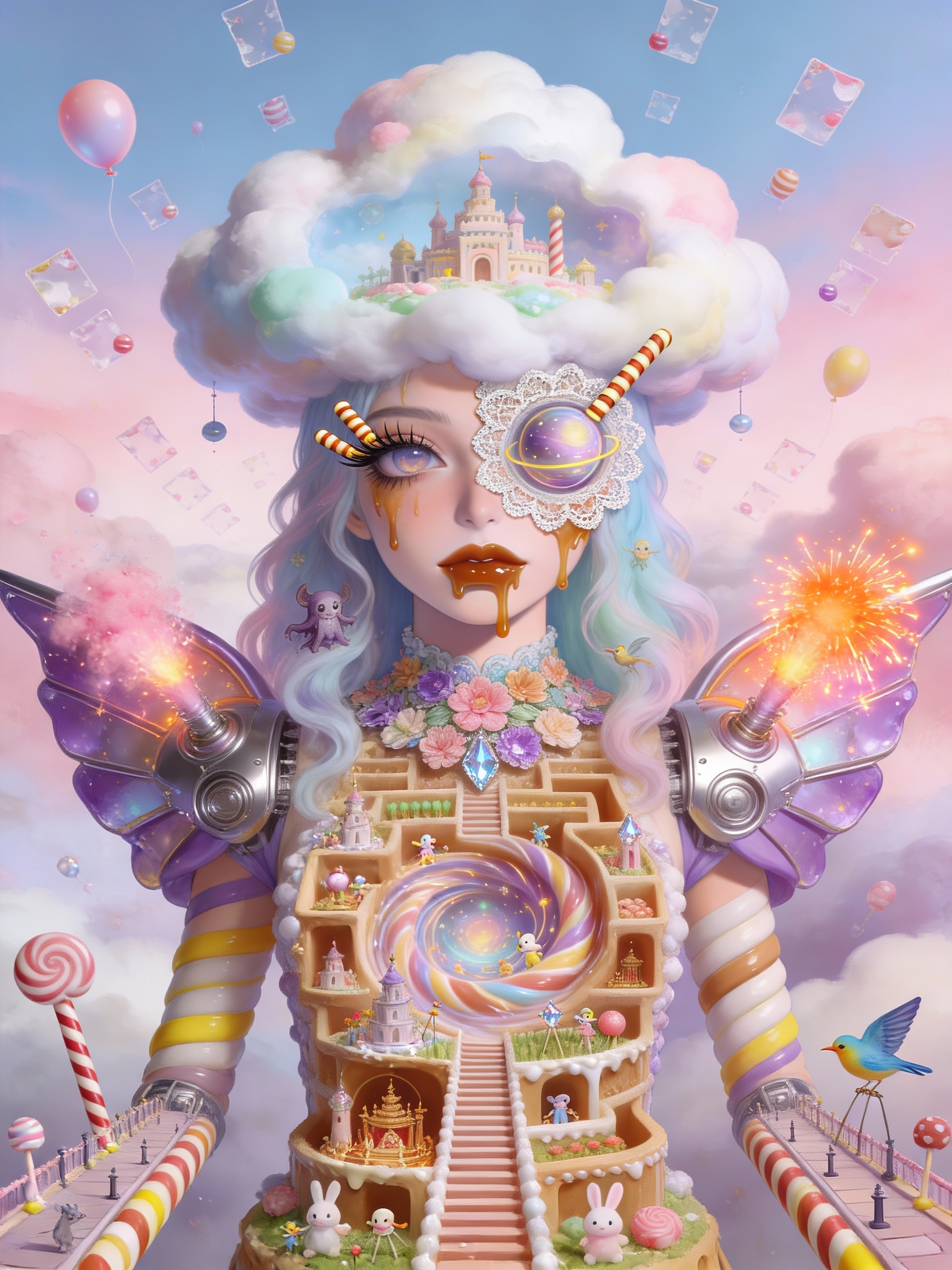 AI generated image using SEEDREAM_4_5: The character appears in a gigantic form: the body is an infinitely stacked cand...