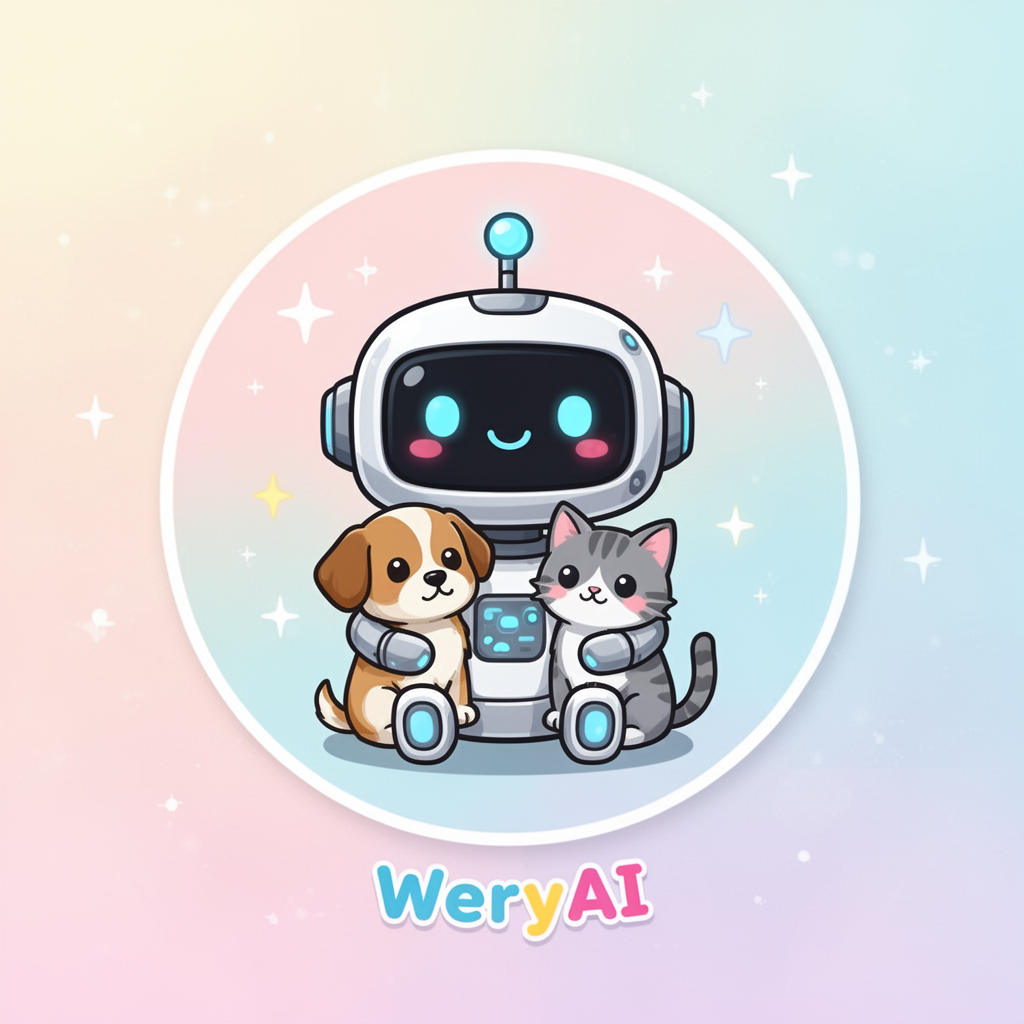 AI generated image using WERYAI_IMAGE_2_0: “A cute, round icon showing a tiny smiling AI robot holding a small puppy and a ...