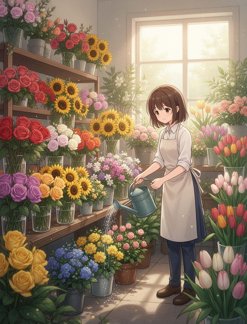 AI generated image using WERYAI_IMAGE_2_0: (masterpiece, best quality), slice of life anime style. Inside a beautiful flowe...
