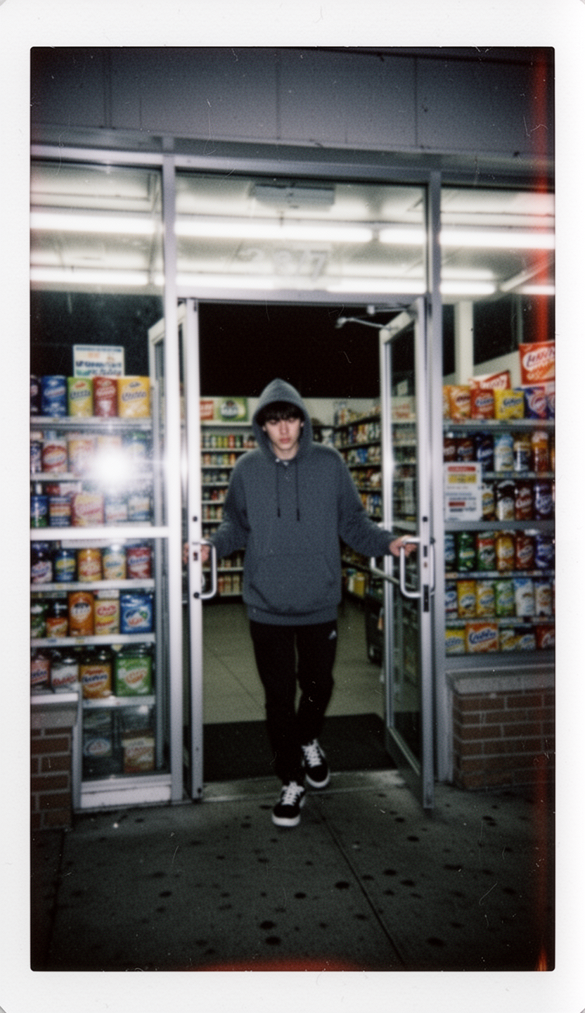 AI generated image using WERYAI_IMAGE_2_0: A Polaroid photo taken at the entrance of a late-night convenience store. The li...