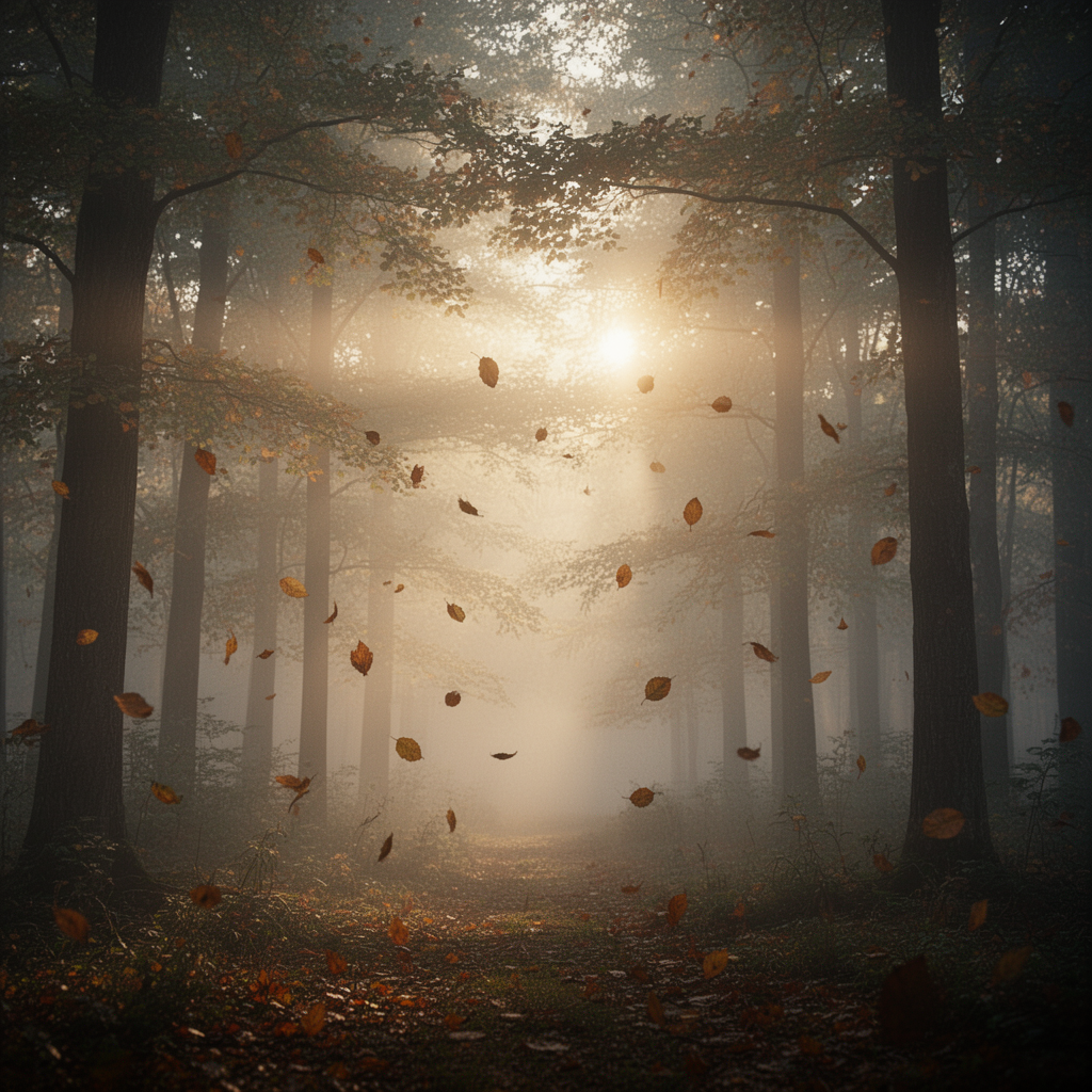 AI generated image using WERYAI_IMAGE_2_0: Peaceful forest at sunrise, light fog drifting between trees, soft sun rays shin...