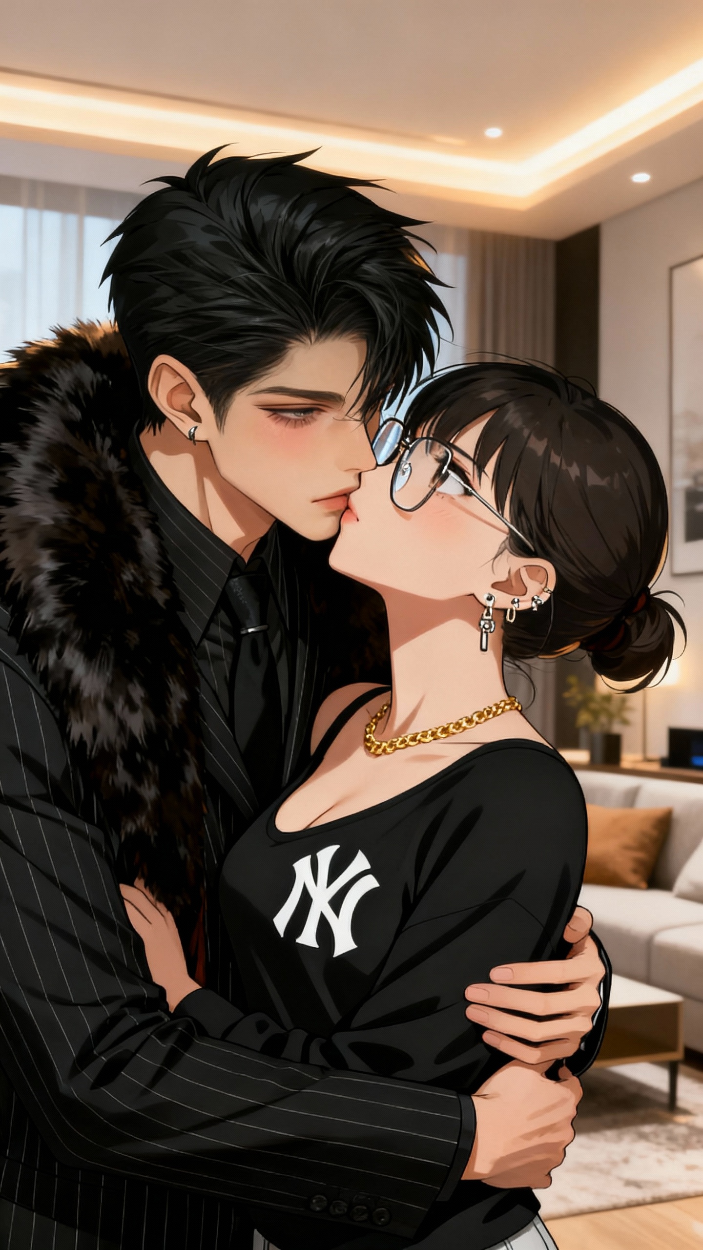 AI generated image using SEEDREAM: Anime style, medium shot, a man with dark hair and sharp features and a woman wi...