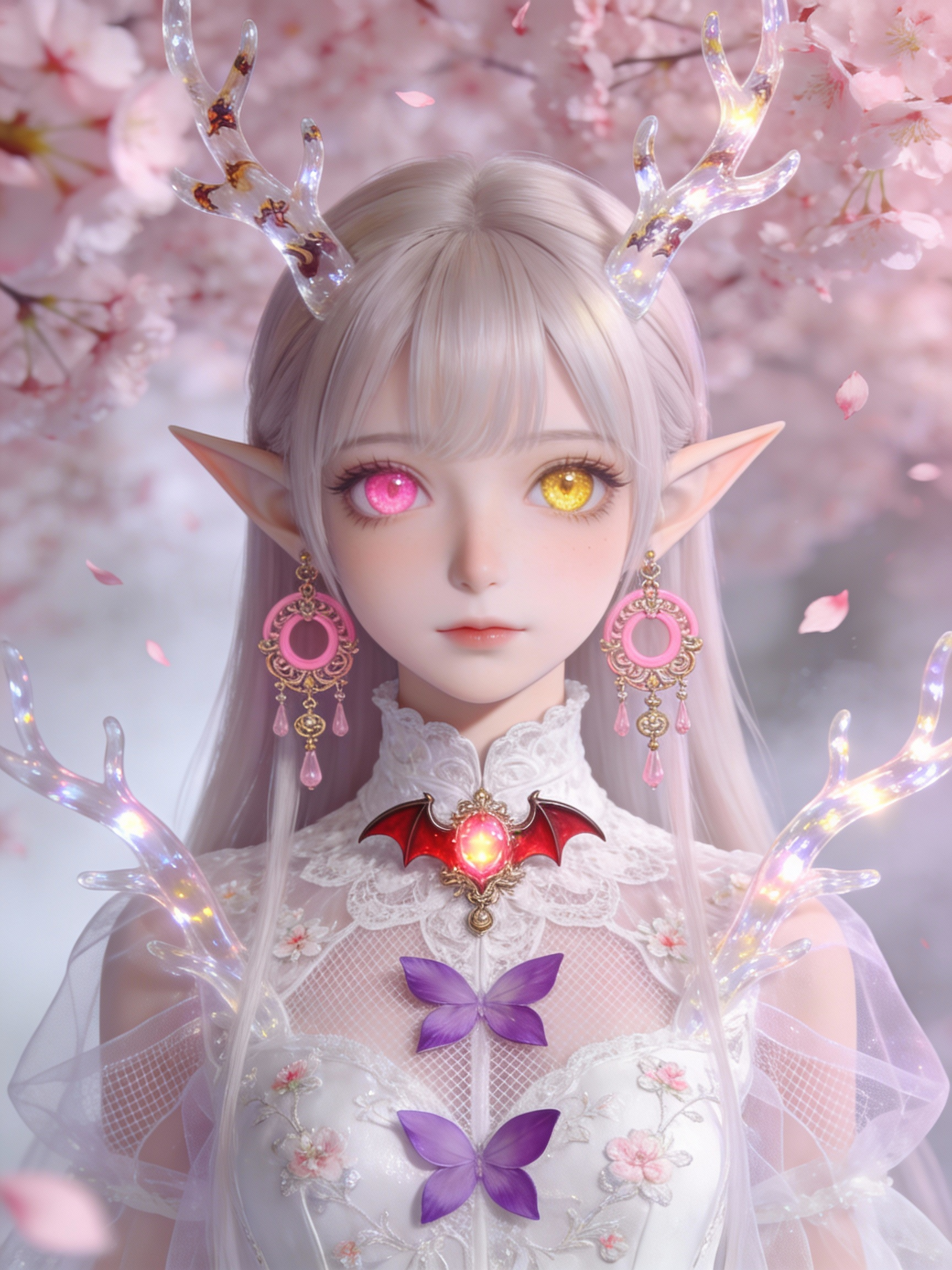AI generated image using SEEDREAM_4_5: Subject: Ethereal elf maiden with striking heterochromia eyes in pink and golden...