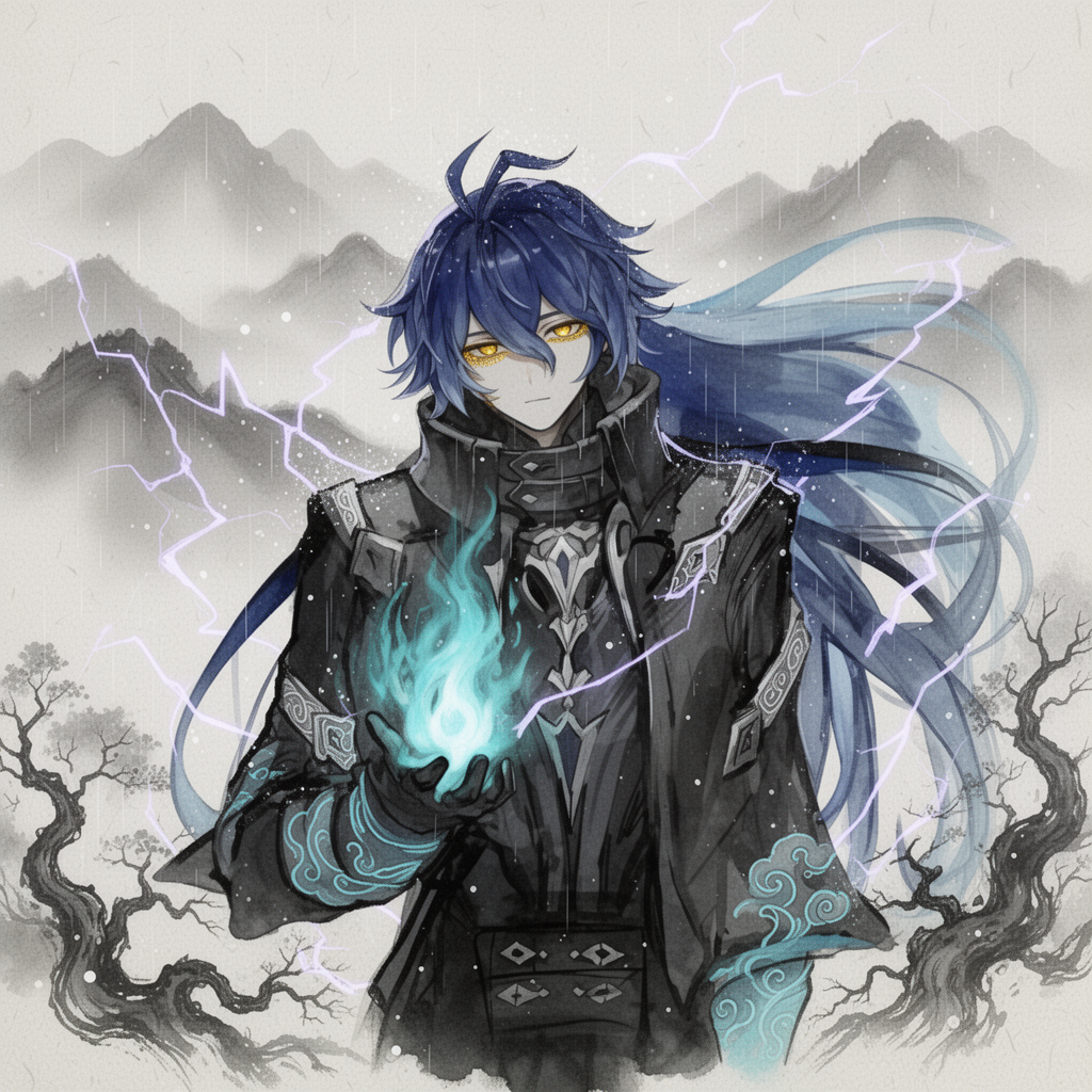 AI generated image using WERYAI_IMAGE_2_0: New Chinese ink wash style. The young character's deep blue long hair is present...