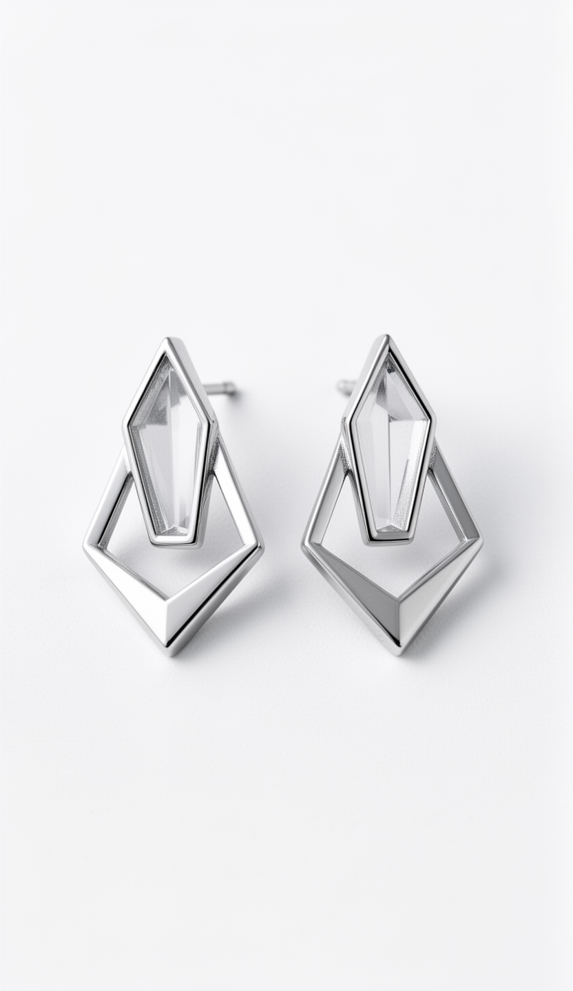 AI generated image using WERYAI_IMAGE_2_0: minimalist geometric stud earrings, K18 white gold, layered angular shapes, arch...