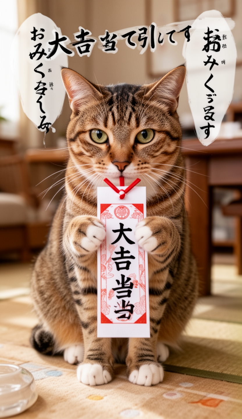 AI generated image using WERYAI_IMAGE_2_0: A cat drawing a fortune slip and getting "Daikichi" (Great Blessing)