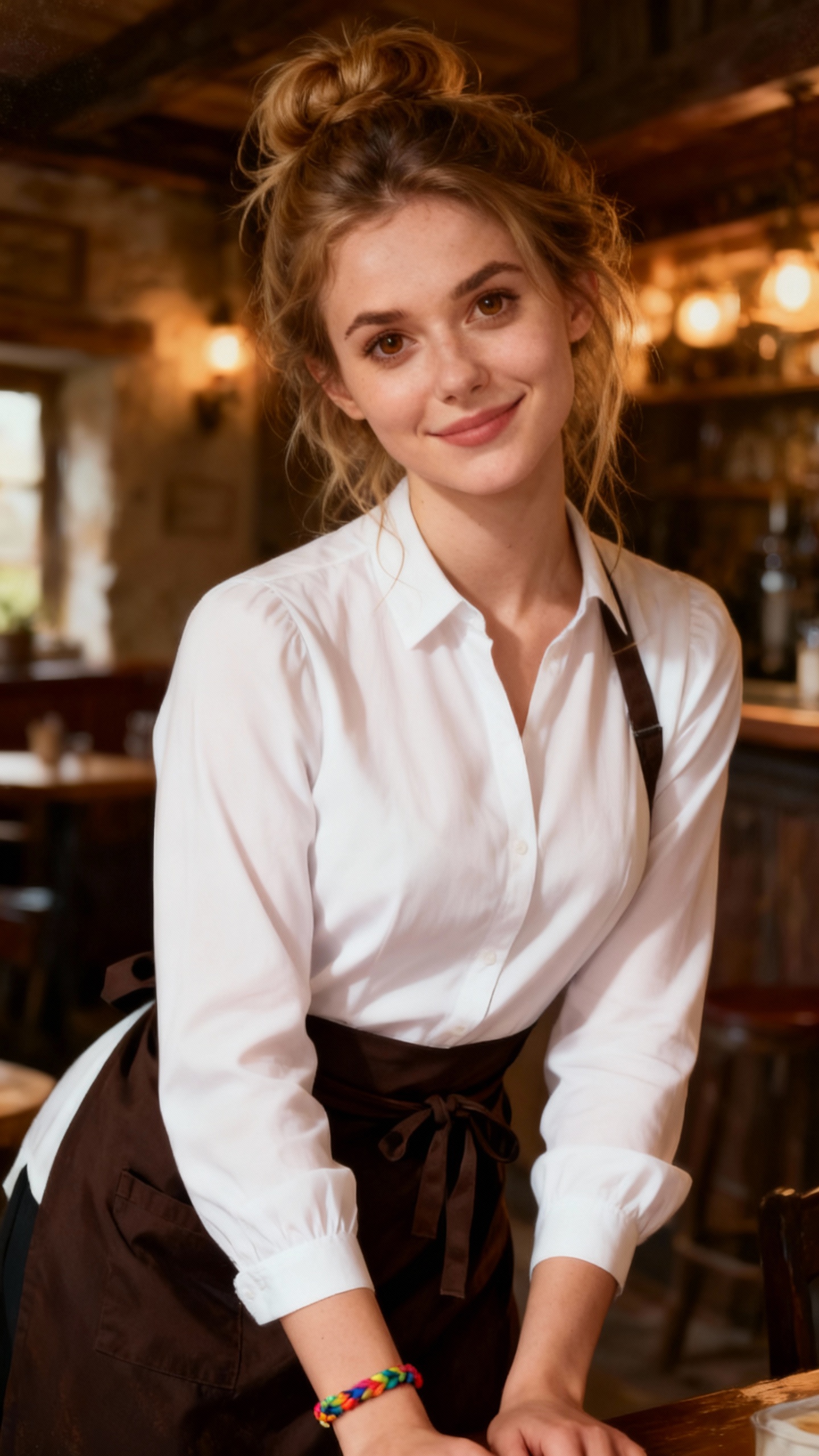 AI generated image using SEEDREAM: photorealistic, medium shot, a young blonde waitress with her head slightly tilt...