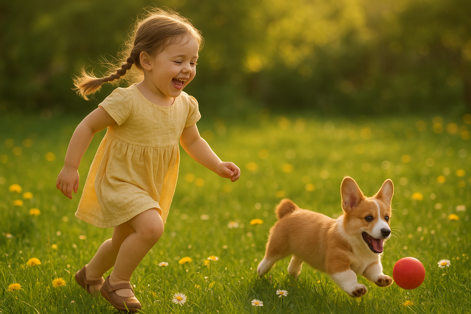 AI generated image using GPT_IMAGE_1_MINI: A cheerful little girl with braids is running through a sun-drenched garden, lau...