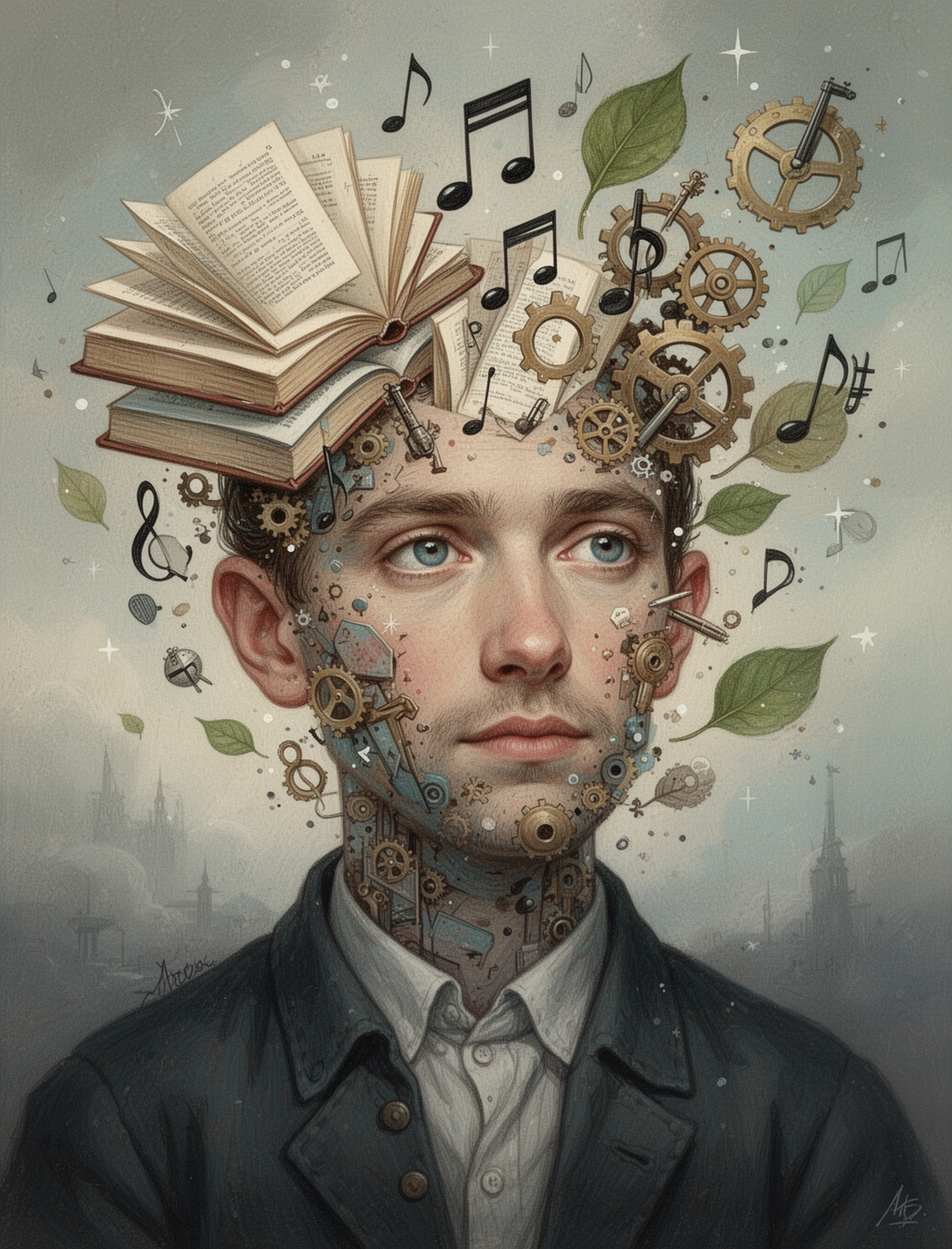 AI generated image using WERYAI_IMAGE_2_0: """
A deconstructed self-portrait where my face dissolves into floating symbols ...