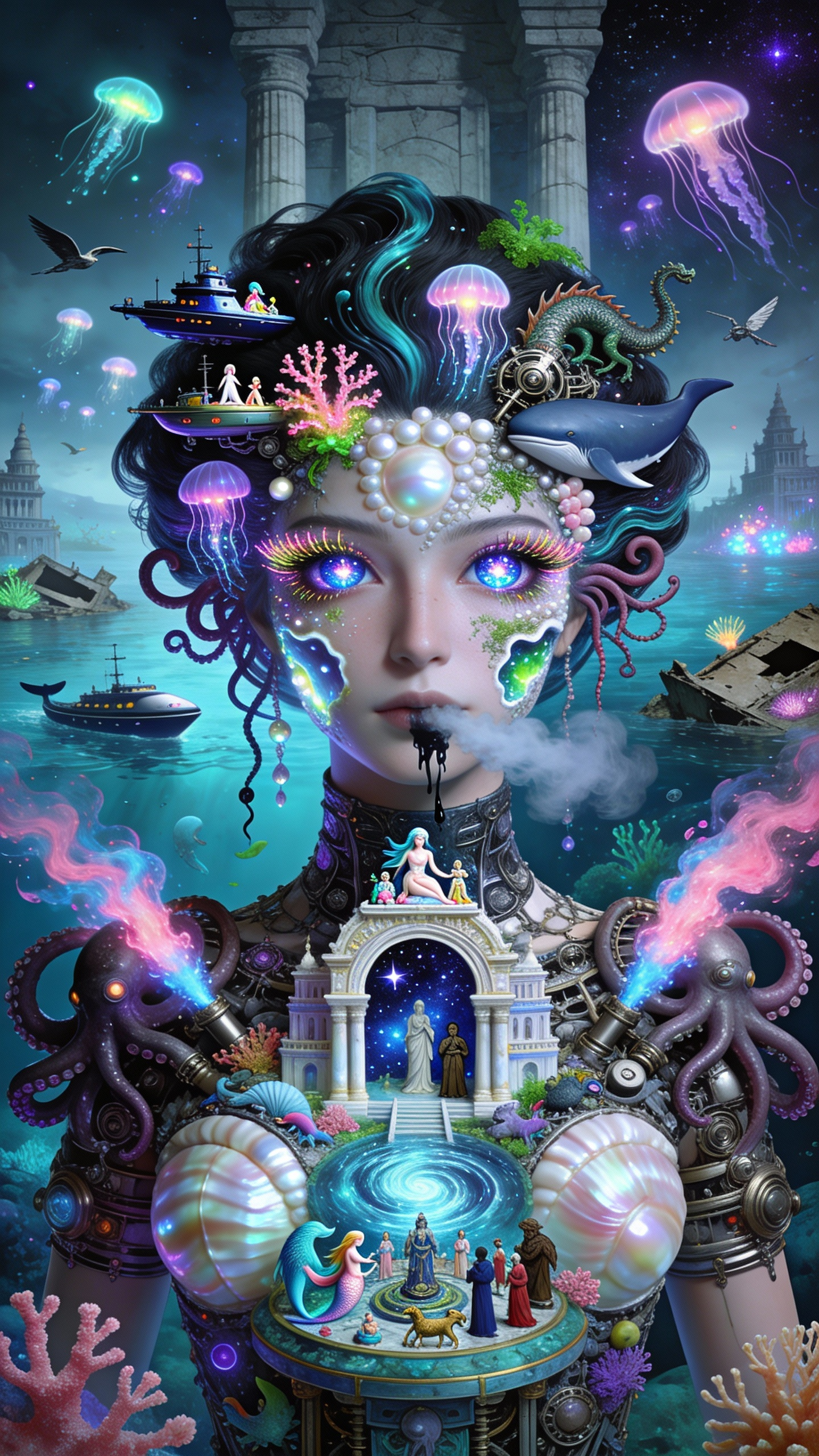 AI generated image using SEEDREAM_4_5: 极繁超现实主义数字艺术,主体是荧光深海神话女王半身像,她的皮肤是珍珠母贝与深海机械拼接,睫毛是荧光珊瑚与机械触手,眼瞳是深海星云(里面有深海潜艇、荧光水母、微型...