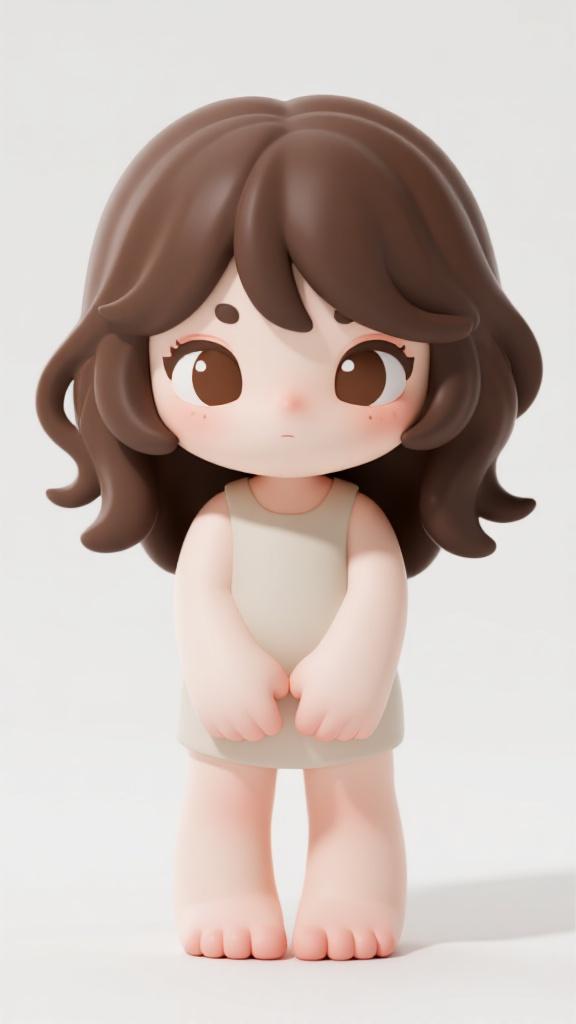 AI generated image using DREAMINA: Blind box figurine, 3D, IP, cute [girl, medium-length curly hair, simple clothes...