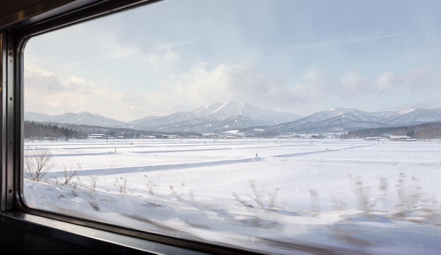 AI generated image using WERYAI_IMAGE_2_0: Wide panoramic winter landscape inspired by Hokkaido, view from a moving train, ...