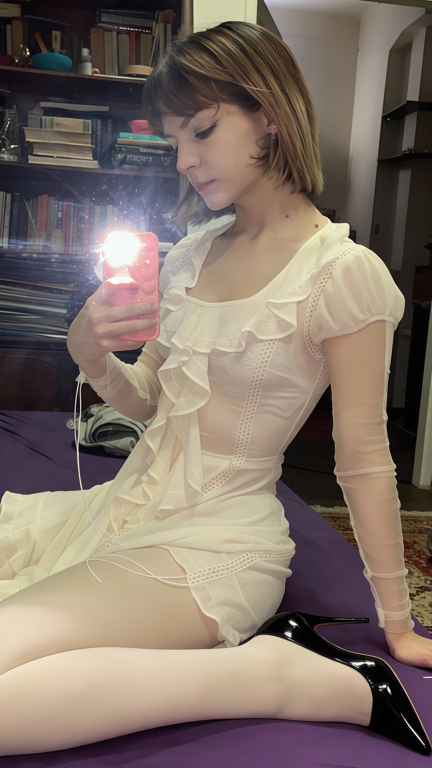 AI generated image using SEEDREAM_4_5: Edit the subject's feet that are lying on the bed upside down and make her wear ...