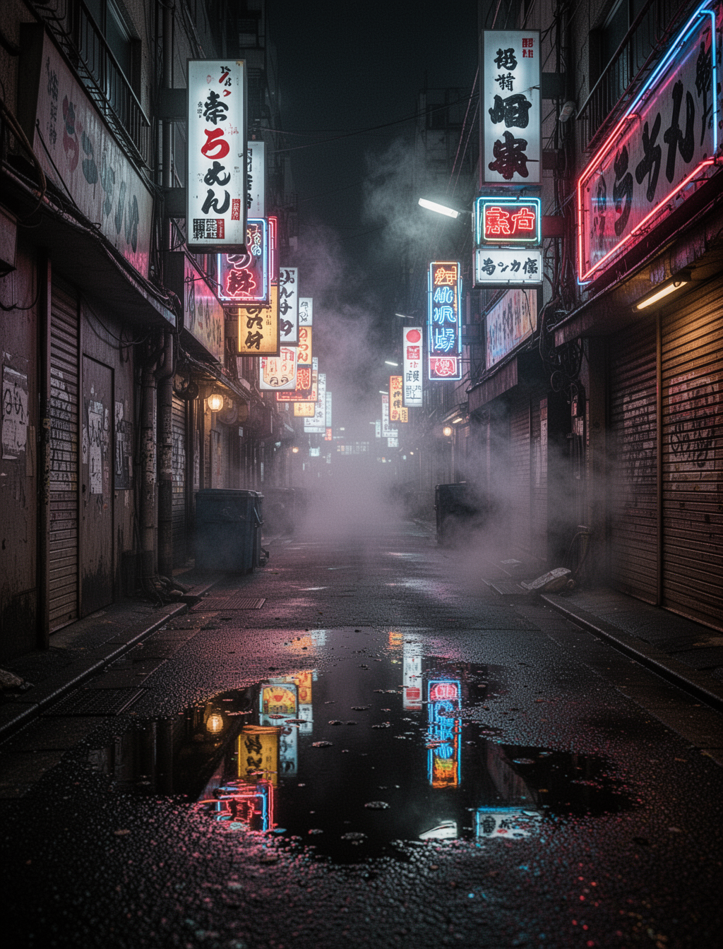 AI generated image using WERYAI_IMAGE_2_0: Japanese narrow alleyway at night, Kabukicho style, wet asphalt ground with neon...