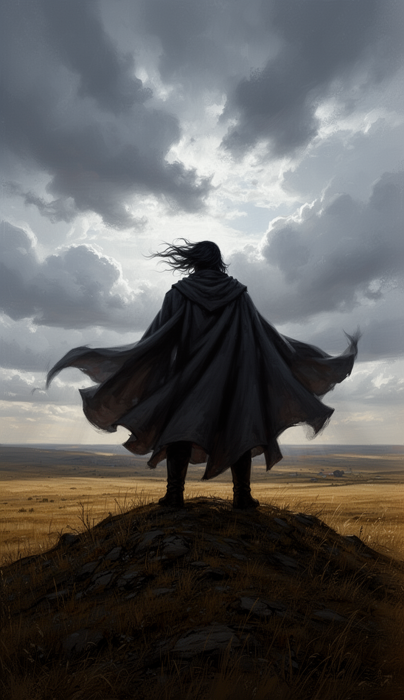 AI generated image using WERYAI_IMAGE_2_0: A cinematic, realistic digital painting of a mysterious leader standing on a hil...
