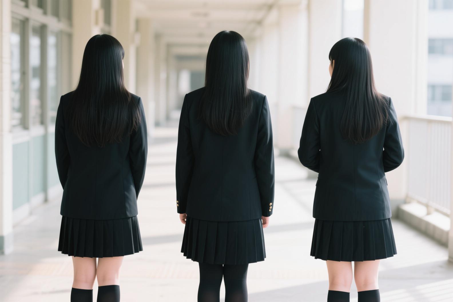 AI generated image using DREAMINA_3: Masterpiece, best quality, 3 girls, high school girls, 16 years old, back view, ...