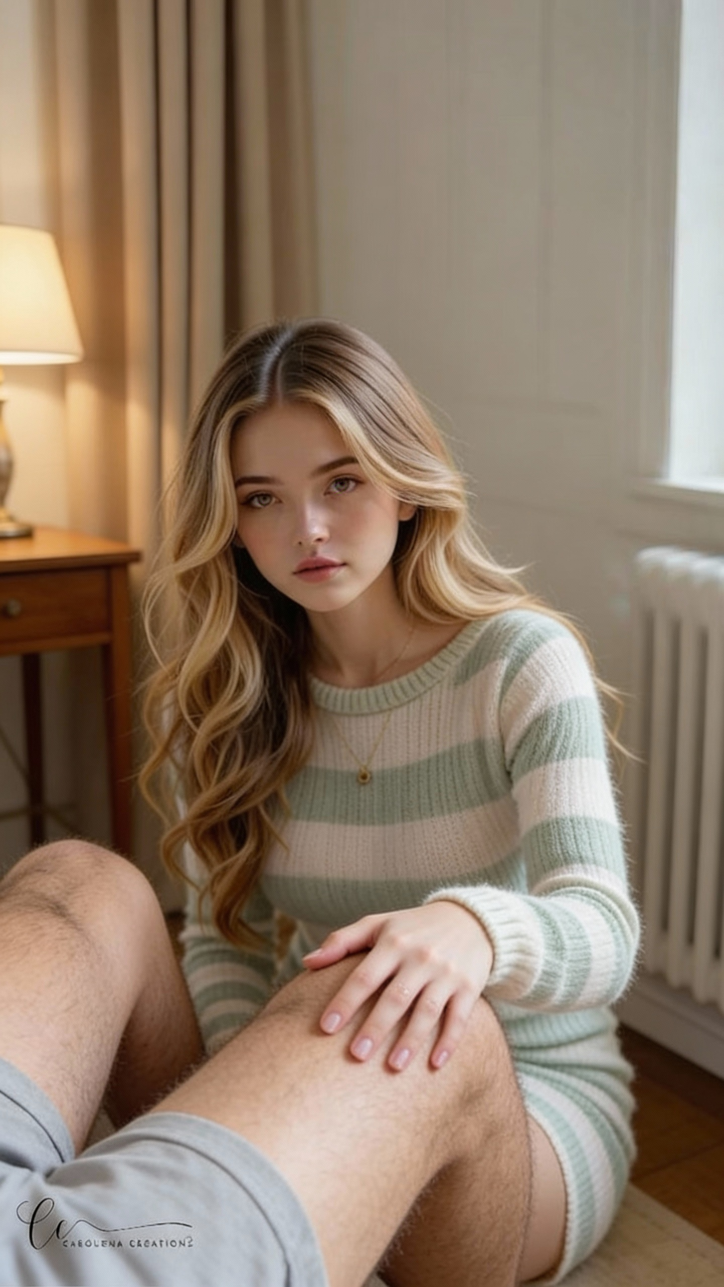 AI generated image using SEEDREAM_4_5: Have the girl in Figure 1 caress the pair of legs in Figure 2, placing one hand ...