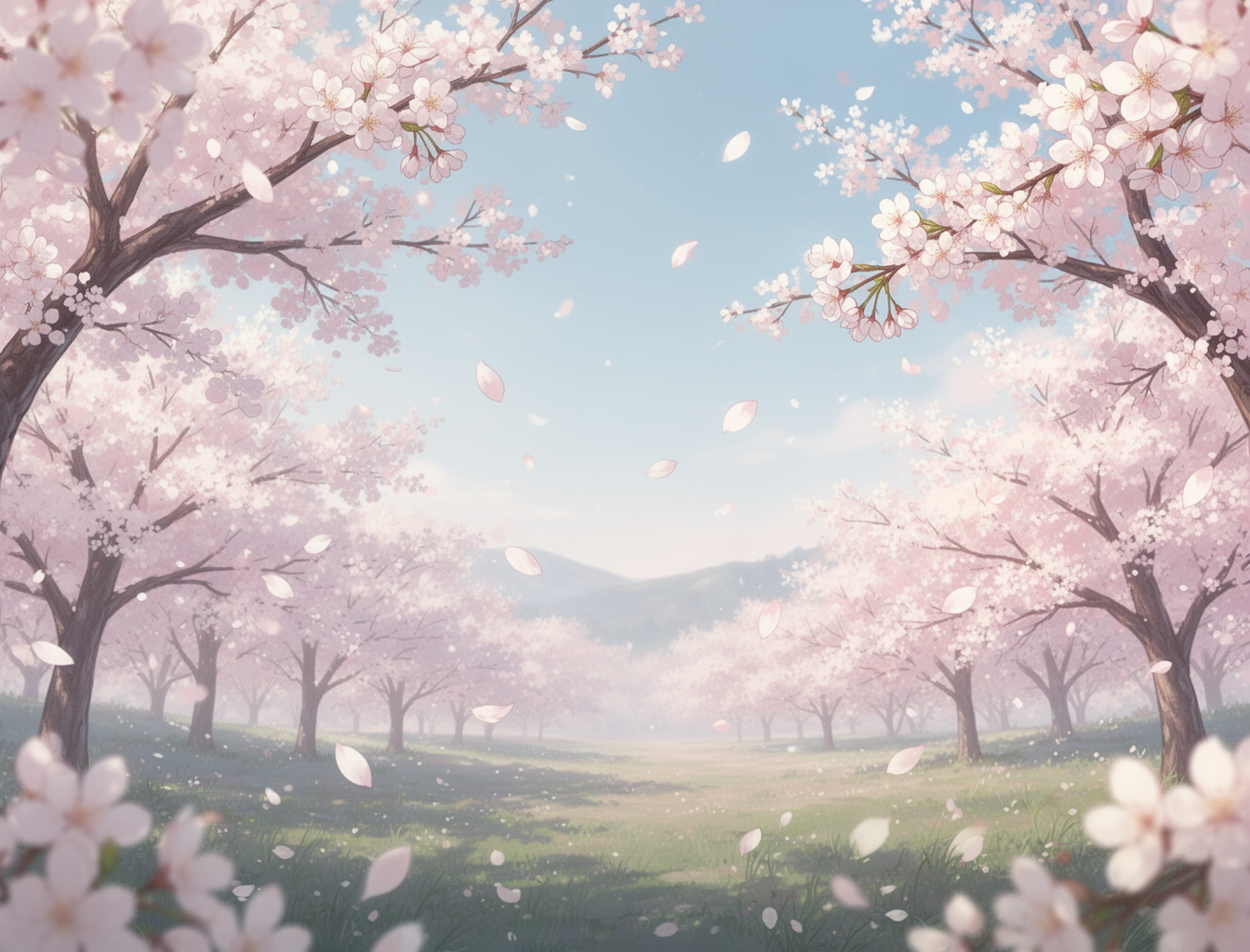 AI generated image using WERYAI_IMAGE_2_0: Calm and balanced cherry blossom scene in soft pastel colors, gentle petals fall...
