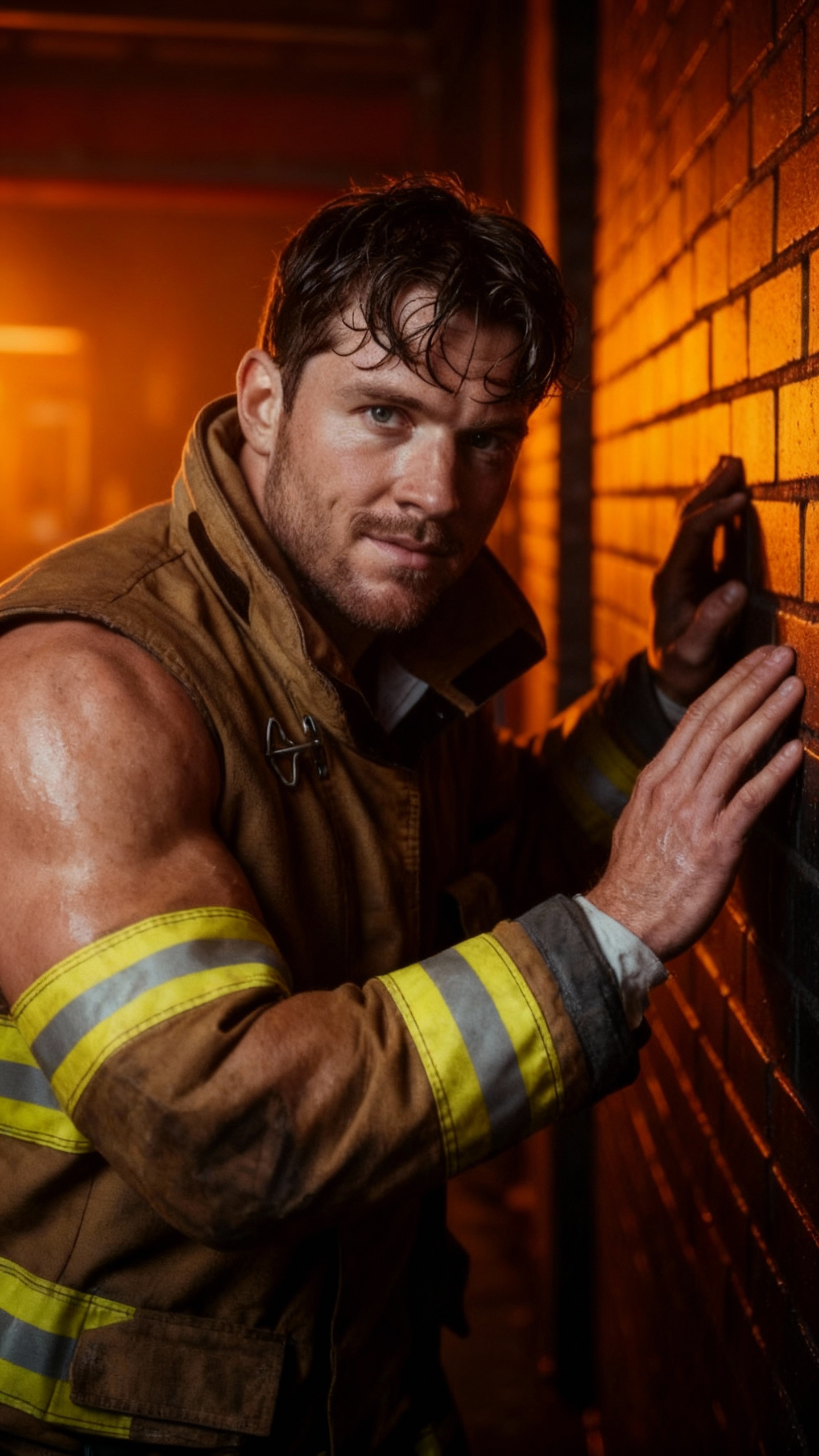 AI generated image using SEEDREAM: photorealistic, medium shot, muscular firefighter in uniform, leaning against a ...