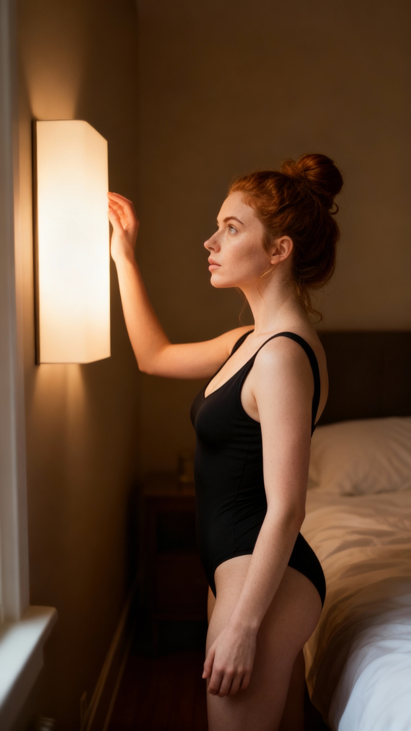 AI generated image using SEEDREAM: photorealistic, medium shot, A ginger woman wearing a black bodysuit, is looking...