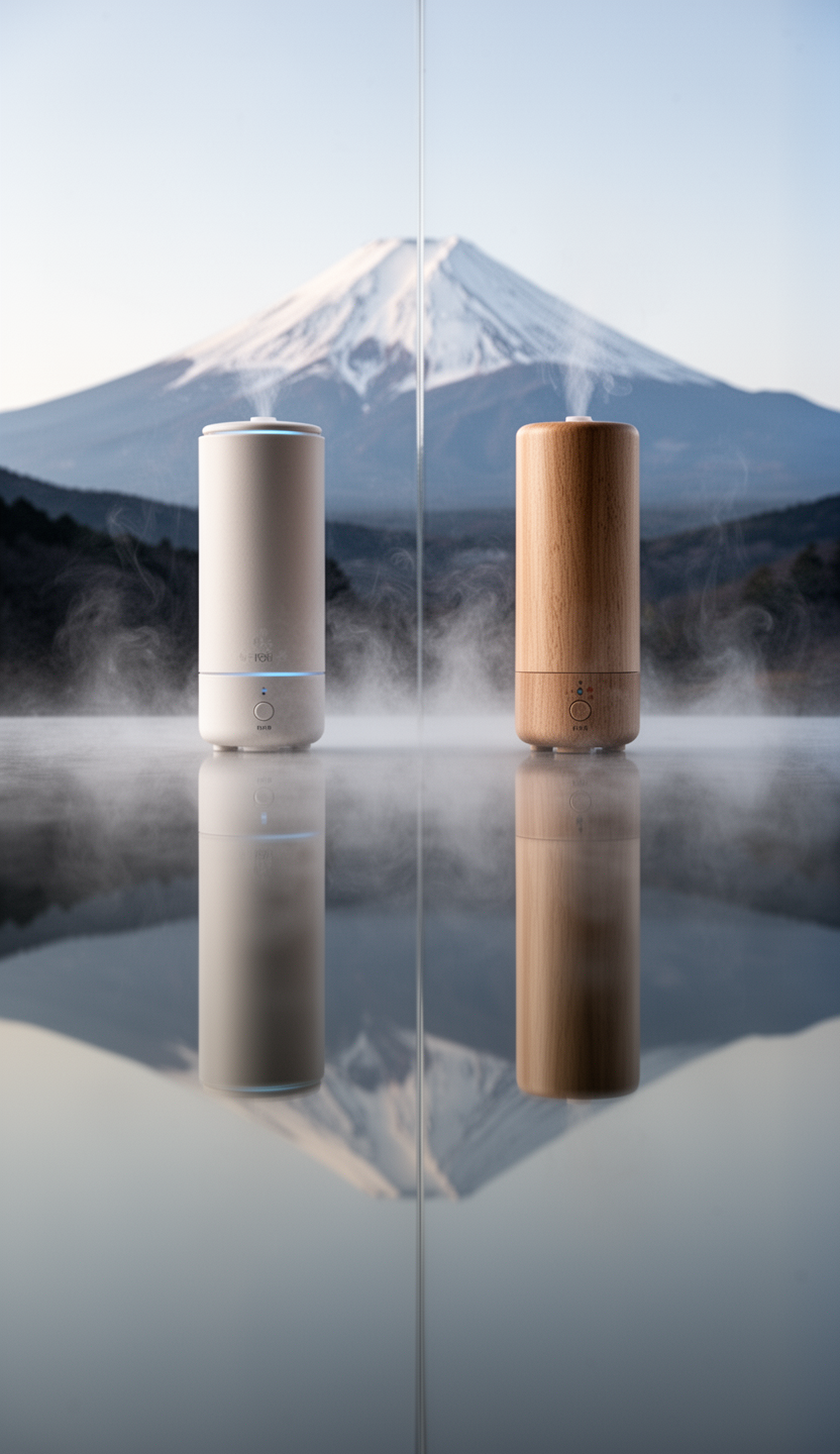 AI generated image using WERYAI_IMAGE_2_0: Two cylindrical aroma diffusers placed vertically on a central axis. The top pro...