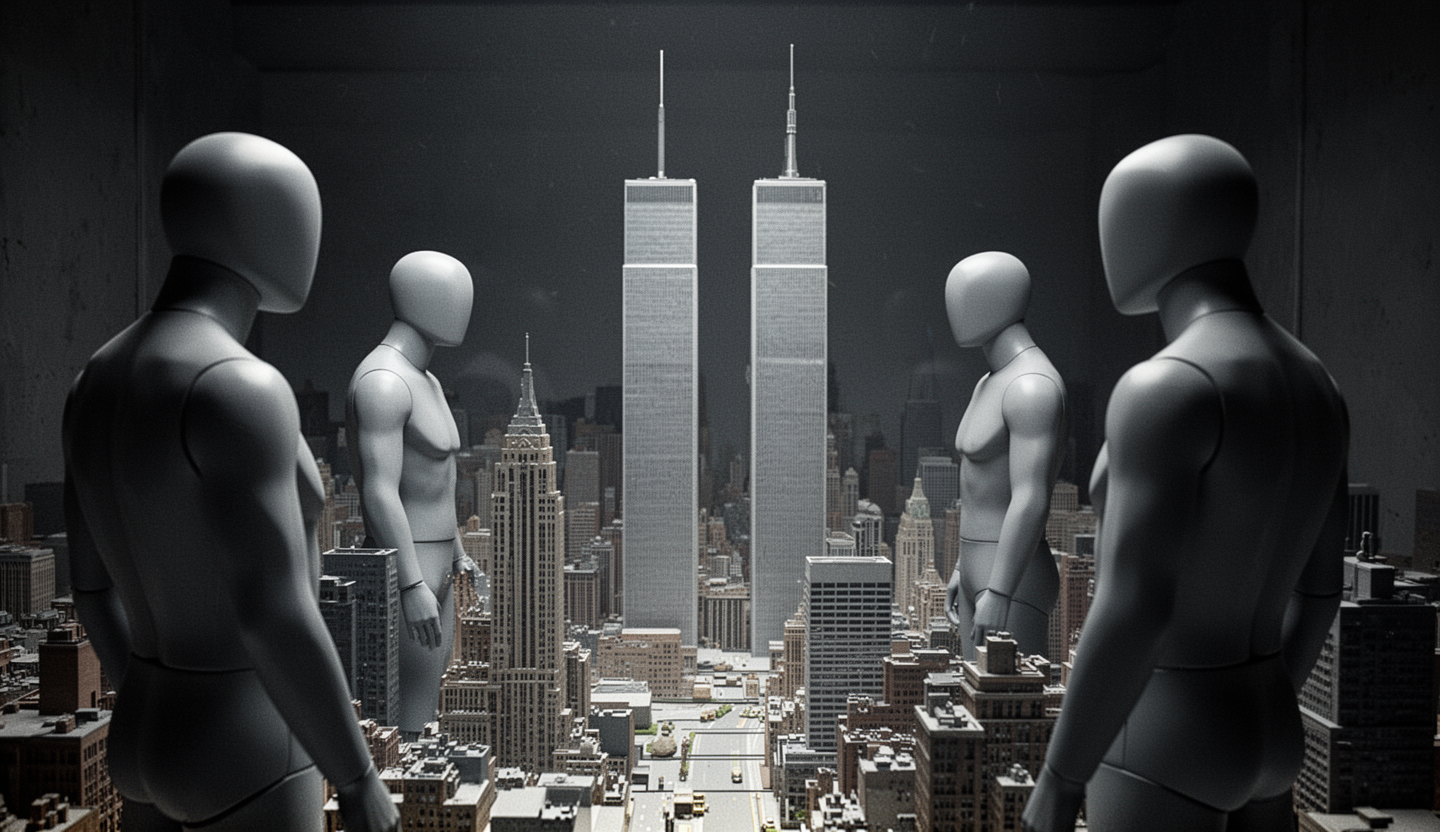 AI generated image using WERYAI_IMAGE_2_0: “3D grey mannequins looking at a scale model of New York with the Twin Towers, c...