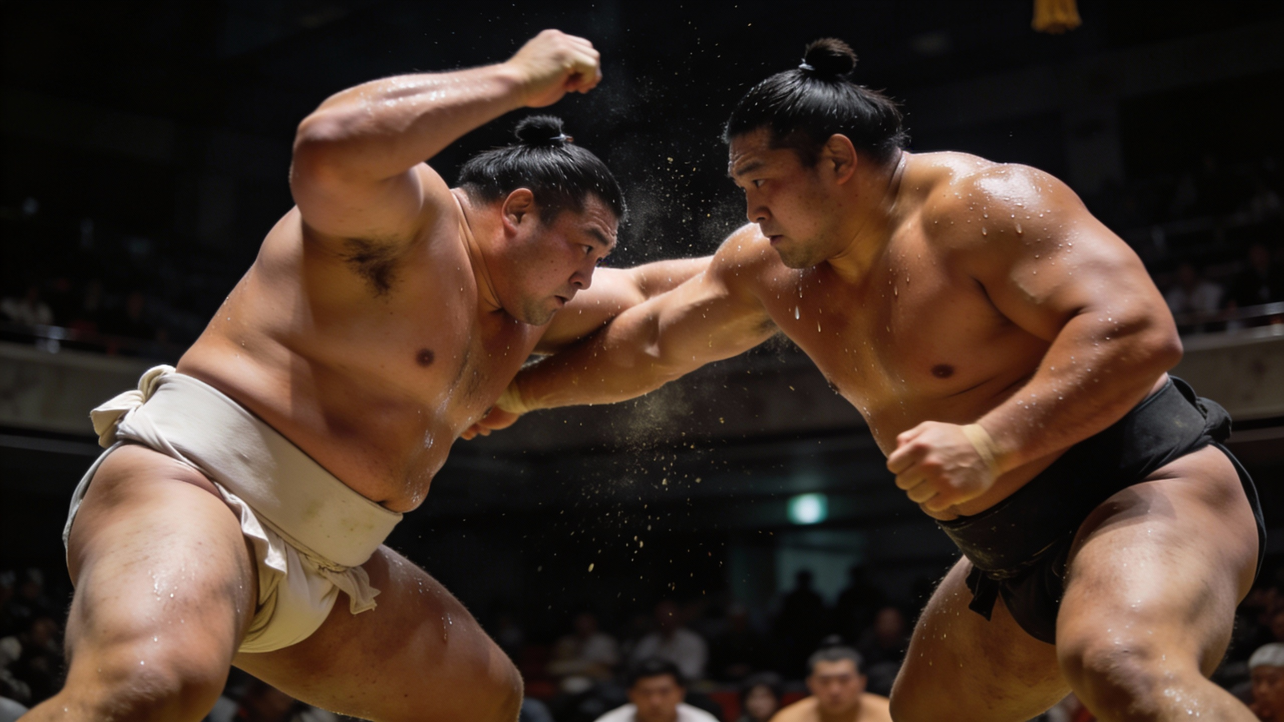 AI generated image using SEEDREAM_4_5: Inside a gymnasium, two sumo wrestlers are wrestling intensely under dim lightin...
