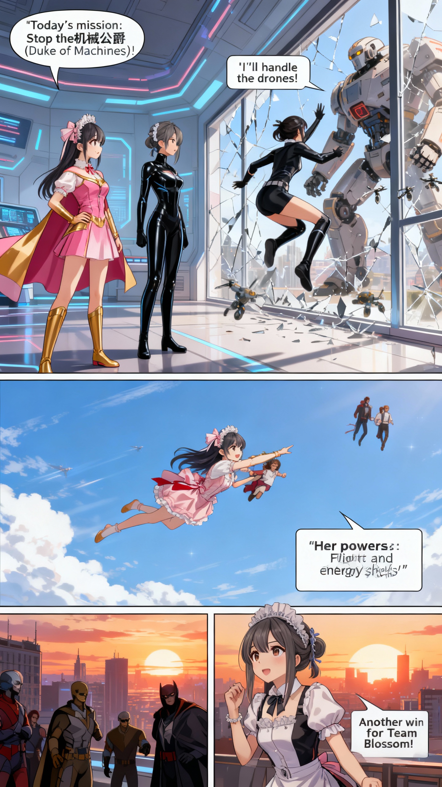 AI generated image using SEEDREAM: make a comic book strip, add text, write a compelling story. I want a superhero ...