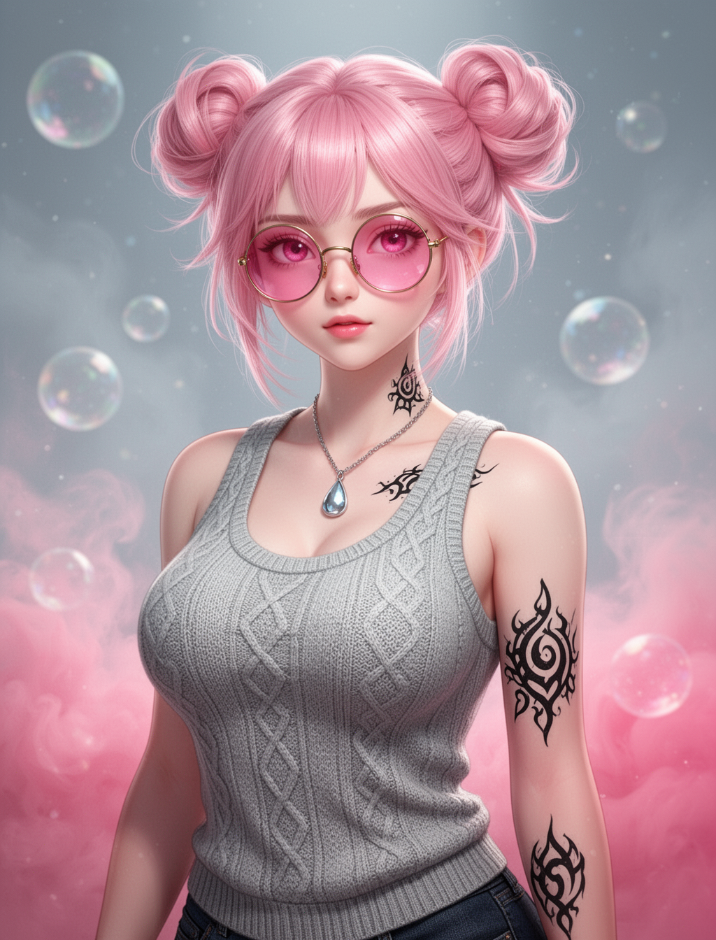 AI generated image using WERYAI_IMAGE_2_0: Subject: A pink-haired girl with double buns, featuring clear and dynamic wispy ...