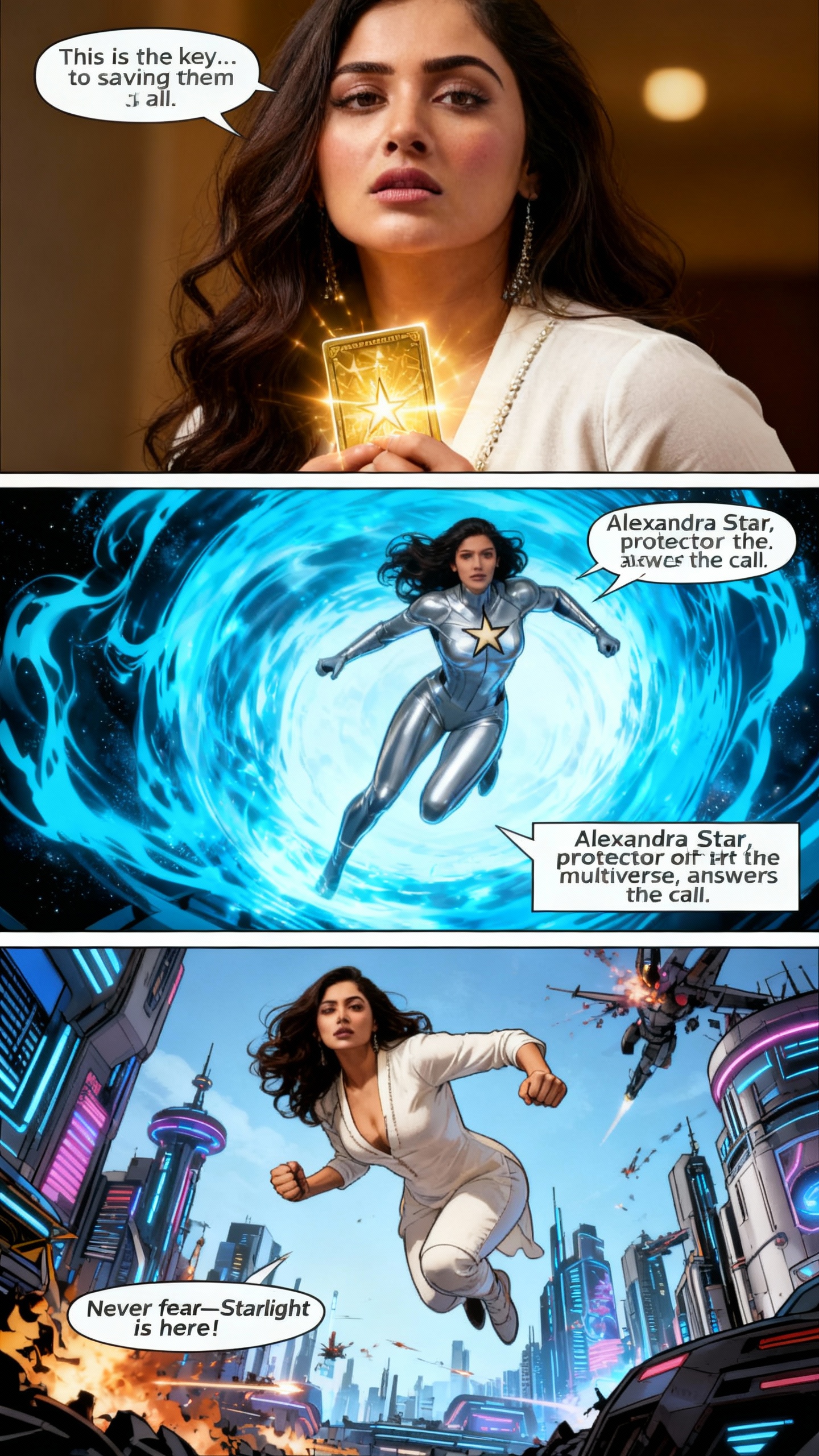 AI generated image using SEEDREAM: make a comic book strip, add text, write a compelling story. I want a superhero ...