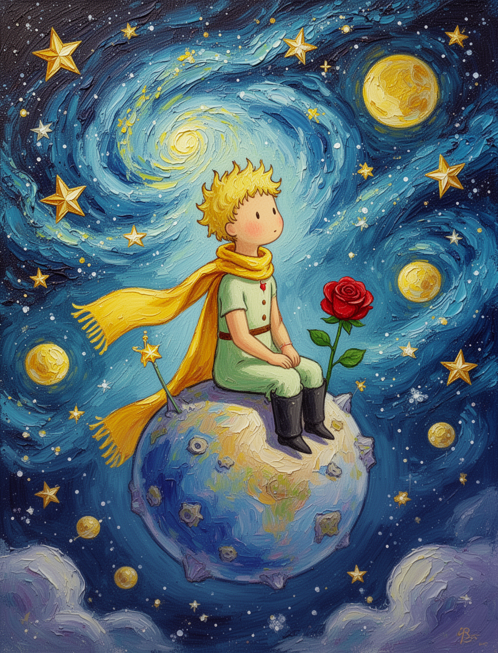 AI generated image using WERYAI_IMAGE_2_0: In a thickly painted oil-painting style, the Little Prince sits on a colorful ti...