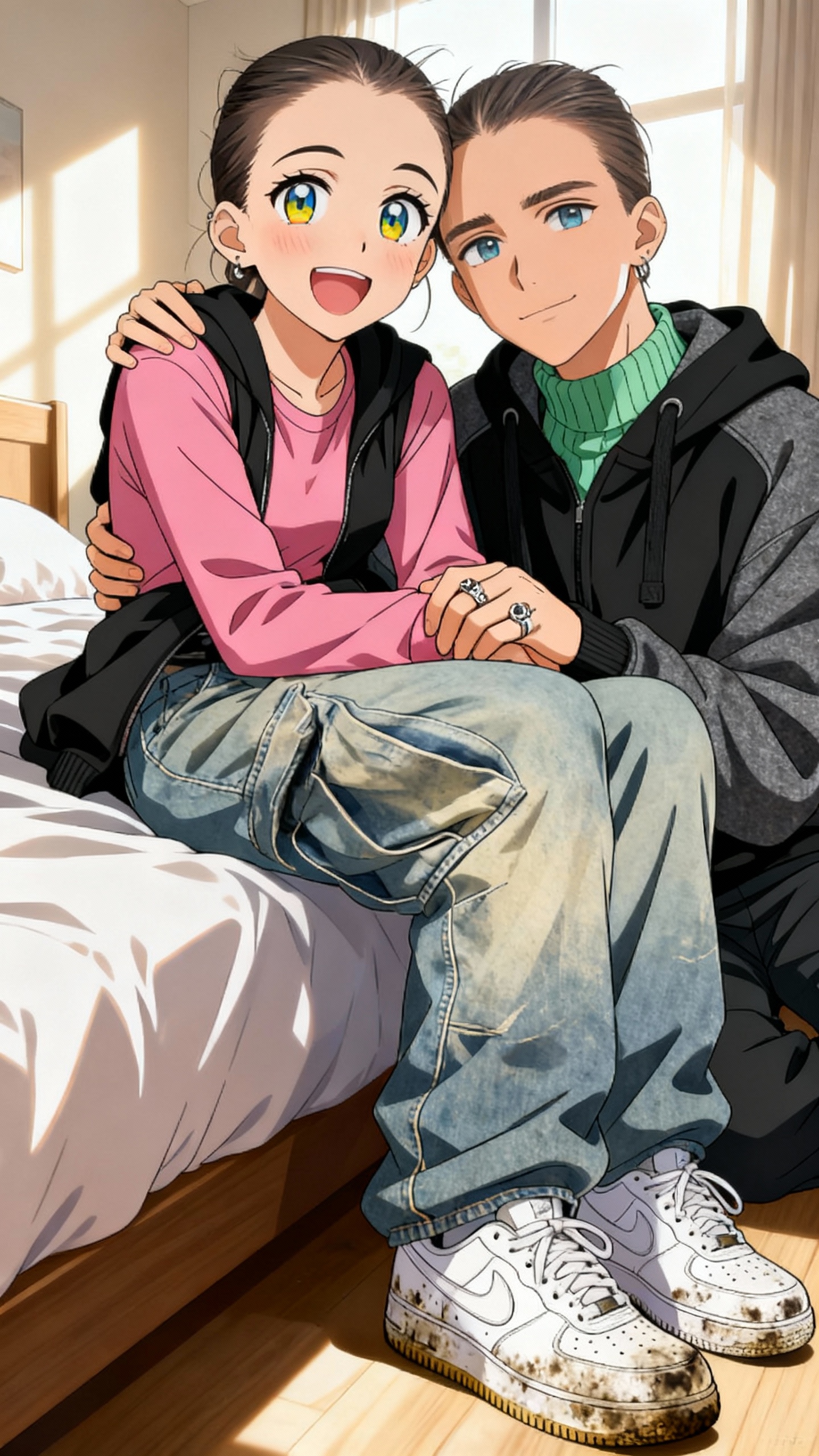 AI generated image using SEEDREAM: anime style, one person with bright eyes, Air Force 1 sneakers with dirty soles,...