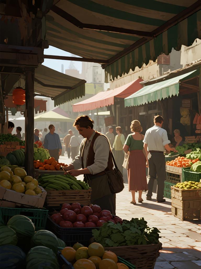 AI generated image using DREAMINA: A photorealistic street market scene with people browsing fresh produce. Natural...