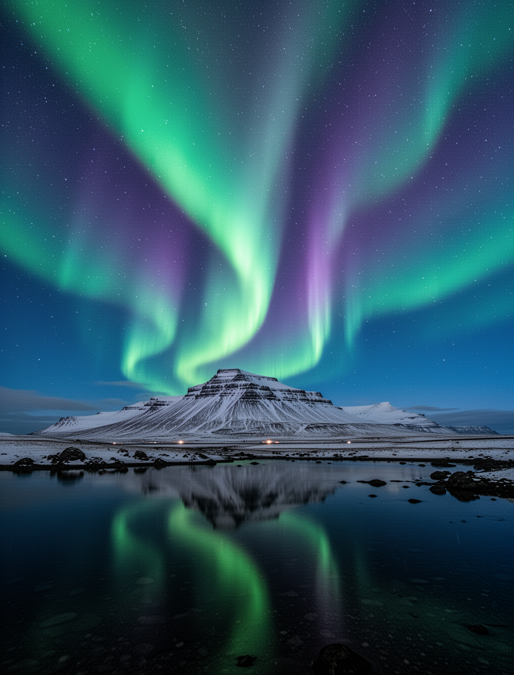 AI generated image using WERYAI_IMAGE_2_0: Northern lights aurora borealis over Iceland, vivid green and purple lights danc...