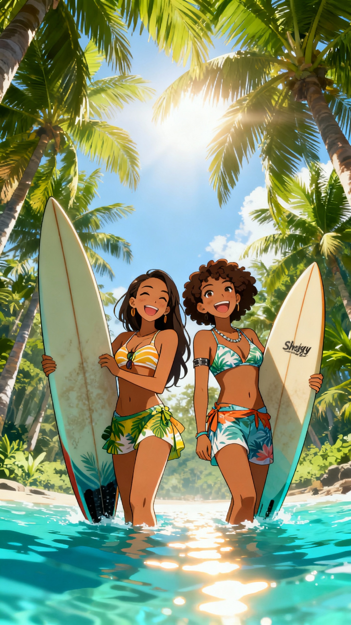 AI generated image using SEEDREAM: anime art style, Camila, Shaggy, two tanned-skin girls, low angle shot, candid s...