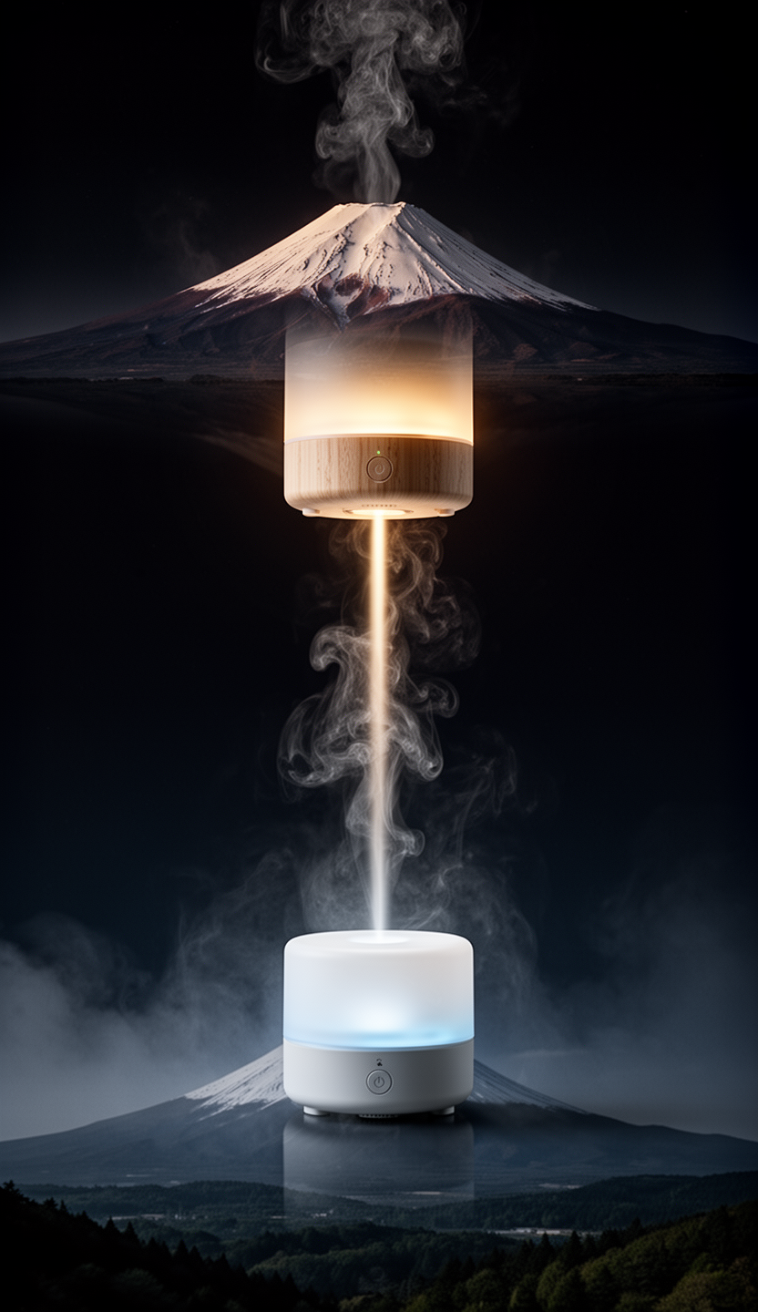 AI generated image using WERYAI_IMAGE_2_0: Conceptual product art inspired by an inverted Mount Fuji composition. Two cylin...