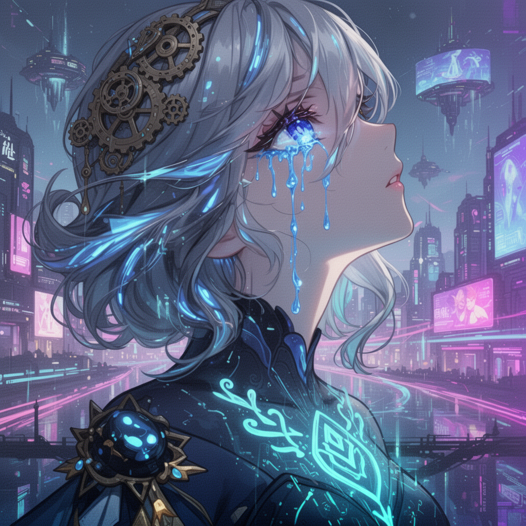 AI generated image using WERYAI_IMAGE_2_0: Change her tears to blue-white, and keep everything else unchanged.