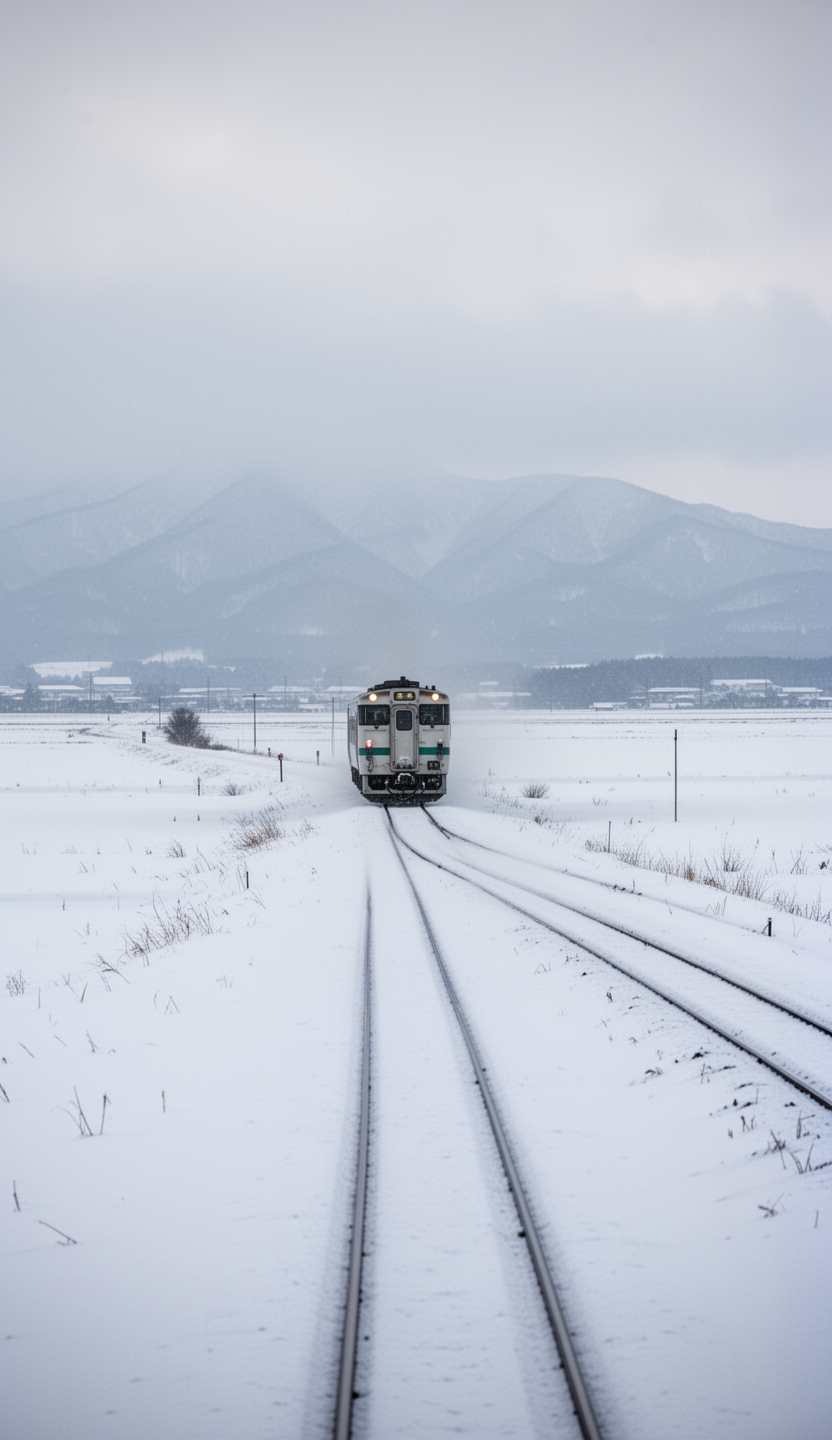 AI generated image using WERYAI_IMAGE_2_0: train running through vast snowy plain, hokkaido winter, cinematic wide shot, mi...