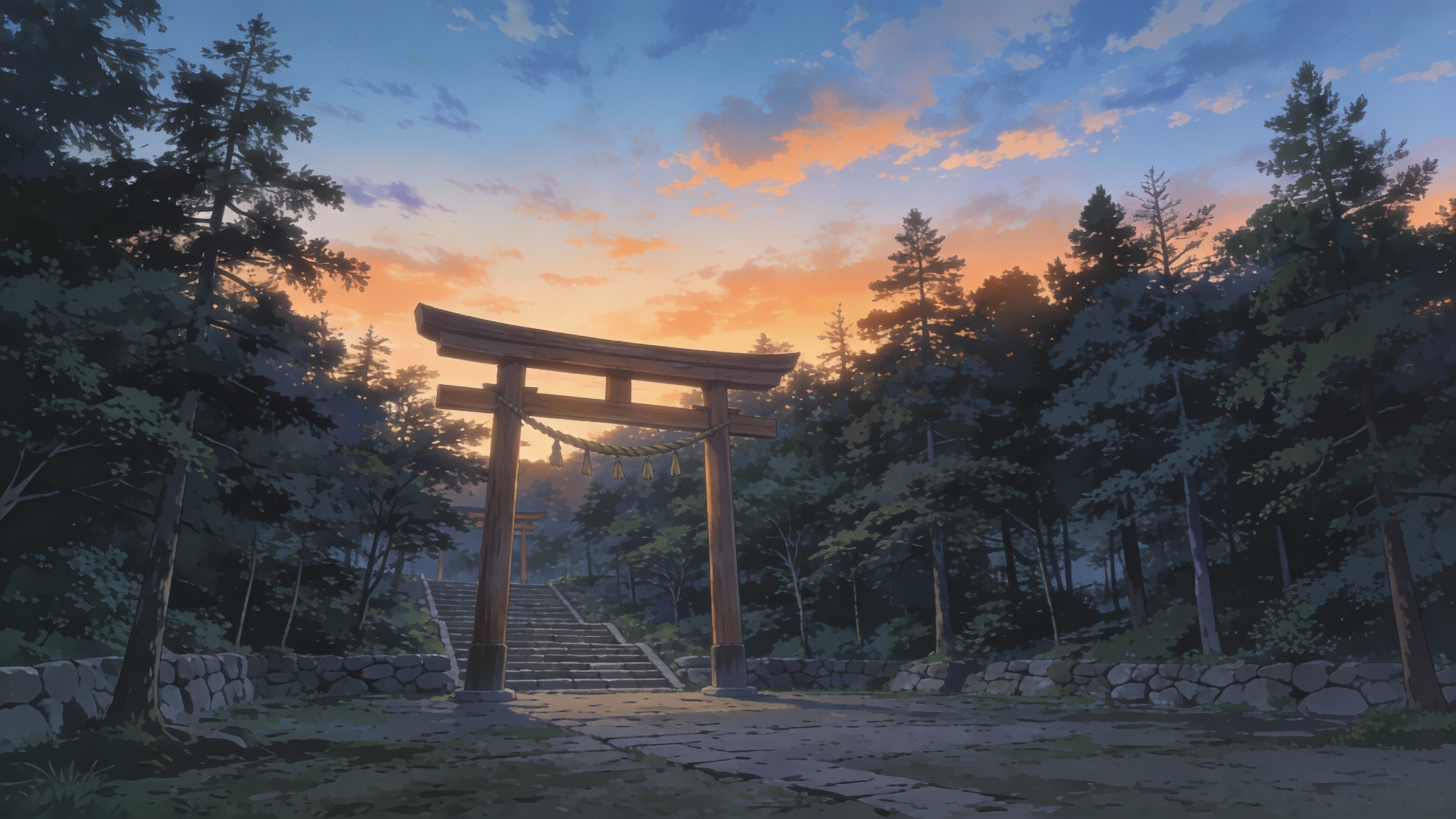 AI generated image using SEEDREAM_4_5: A Japanese shrine clearing at dusk, long shot. Wooden Torii gate and stone steps...