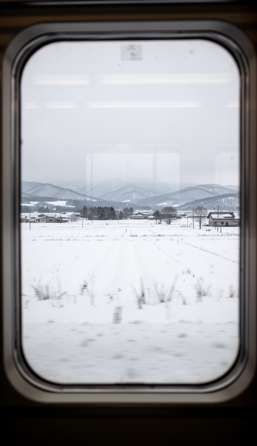 AI generated image using WERYAI_IMAGE_2_0: winter train window view, vast snowy landscape, hokkaido atmosphere, minimal, no...