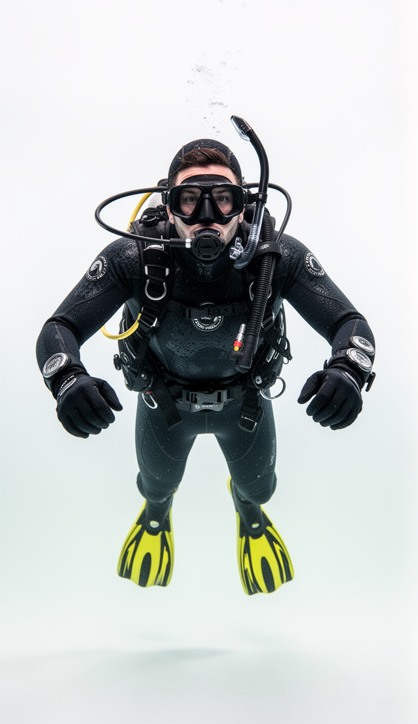 AI generated image using WERYAI_IMAGE_2_0: photorealistic image of a professional scuba diver, facing the camera directly, ...