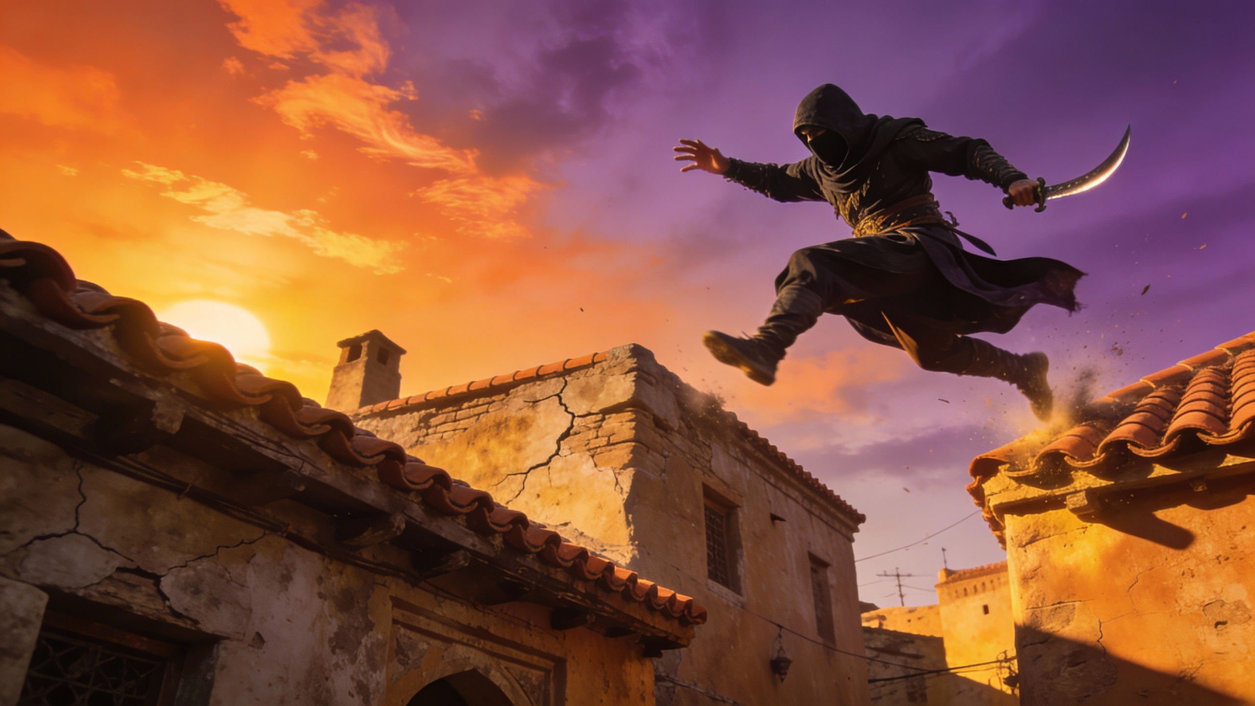 AI generated image using SEEDREAM_4_5: A dynamic low-angle shot of a stealthy Hashashin leaping from rooftop to rooftop...