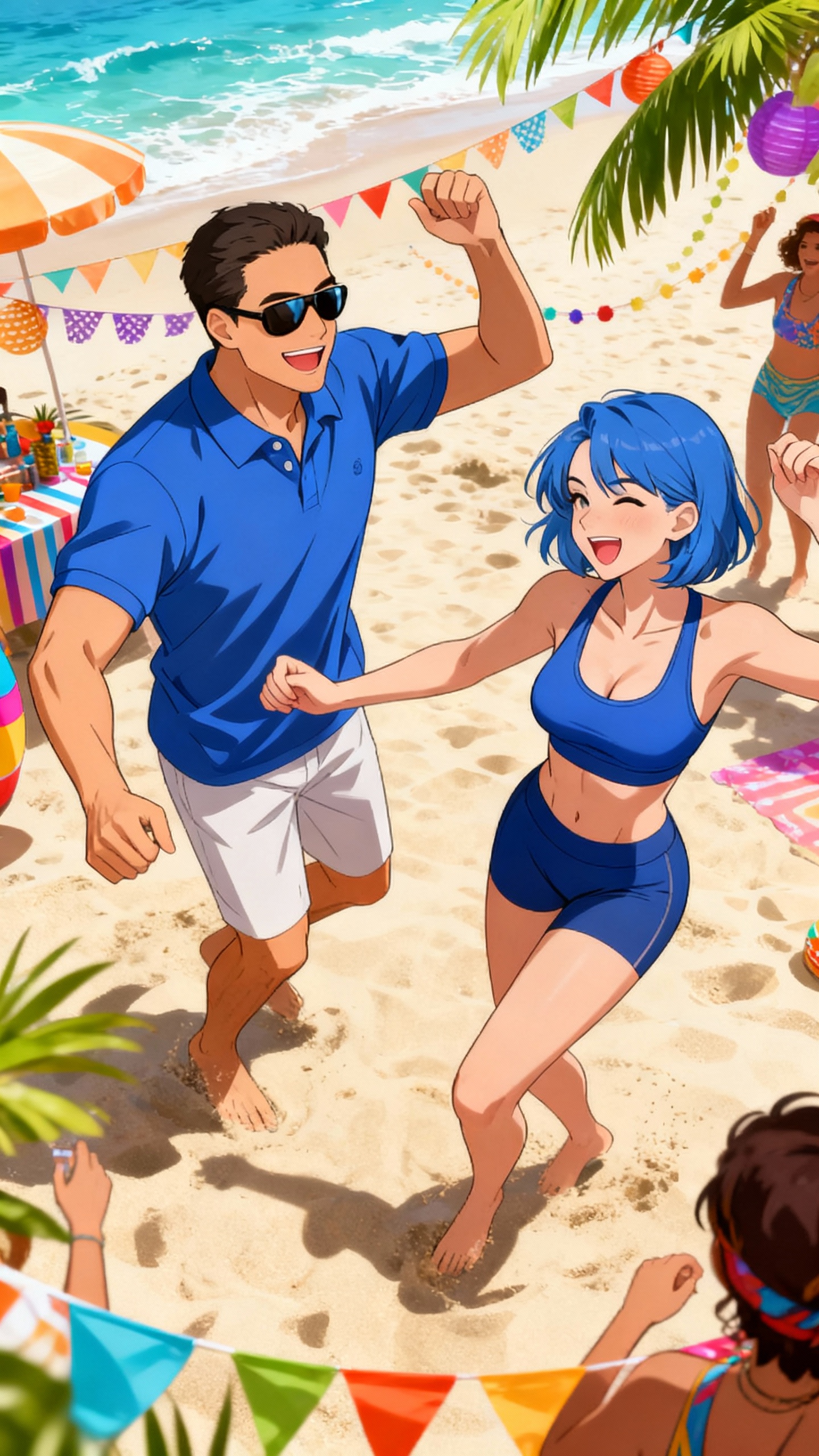 AI generated image using SEEDREAM: Anime art style, The man with sunglasses in blue shirt, athletic woman with shor...