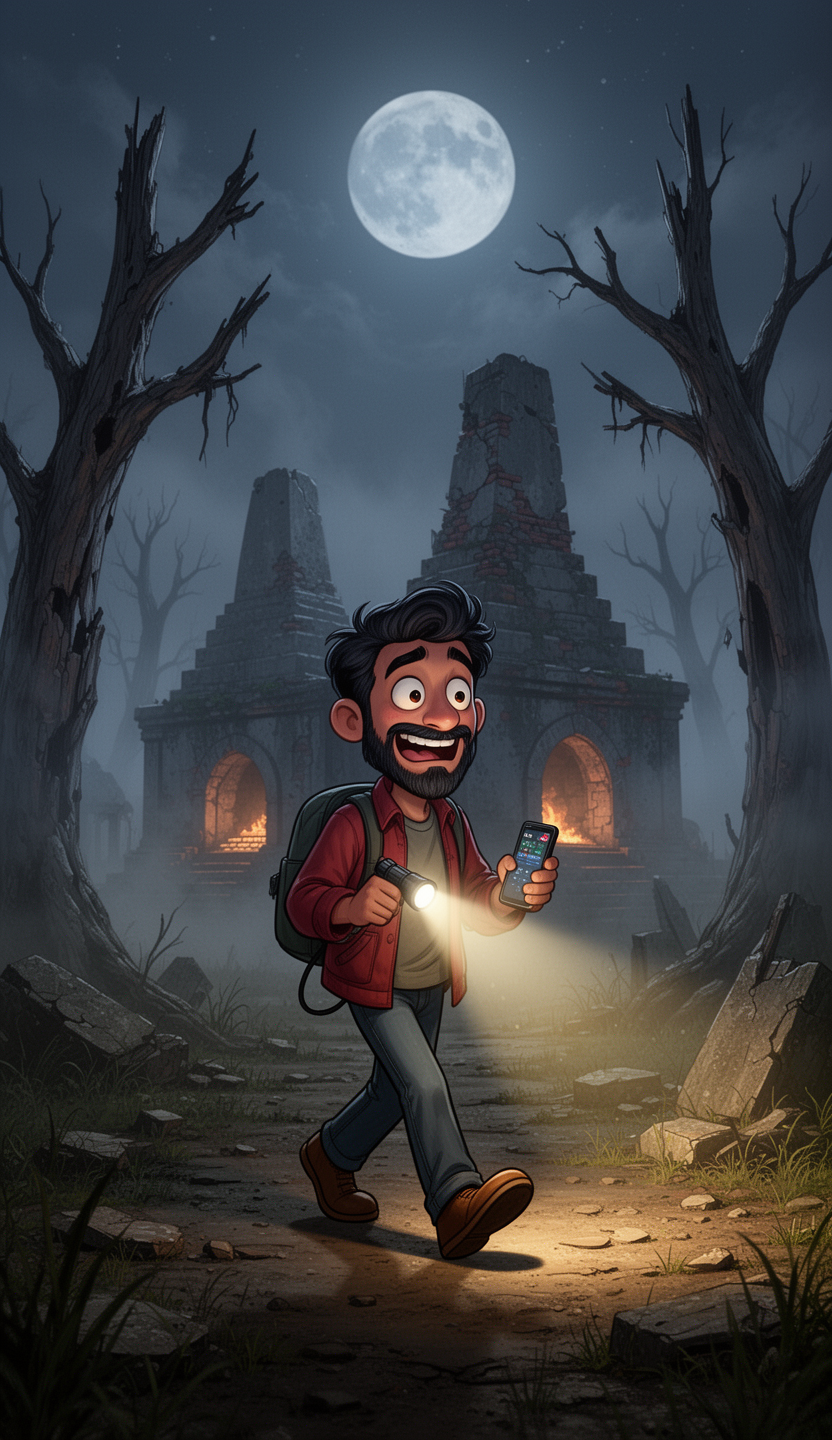 AI generated image using WERYAI_IMAGE_2_0: Sonu walking near an old cremation ground at night, holding mobile flashlight, f...