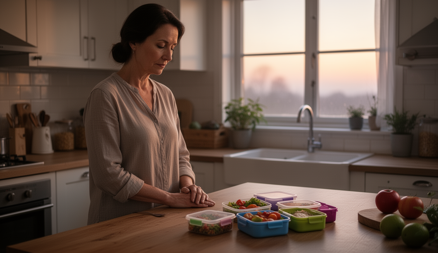 AI generated image using WERYAI_IMAGE_2_0: A mother standing in a quiet kitchen before dawn. Lunch boxes prepared on the co...