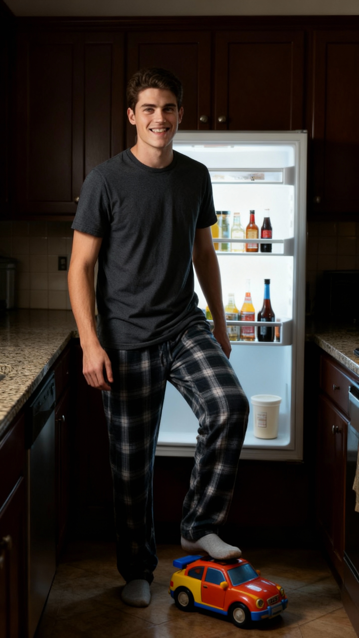 AI generated image using SEEDREAM: photorealistic, medium shot, Noah in a t-shirt and pajama pants, standing with f...