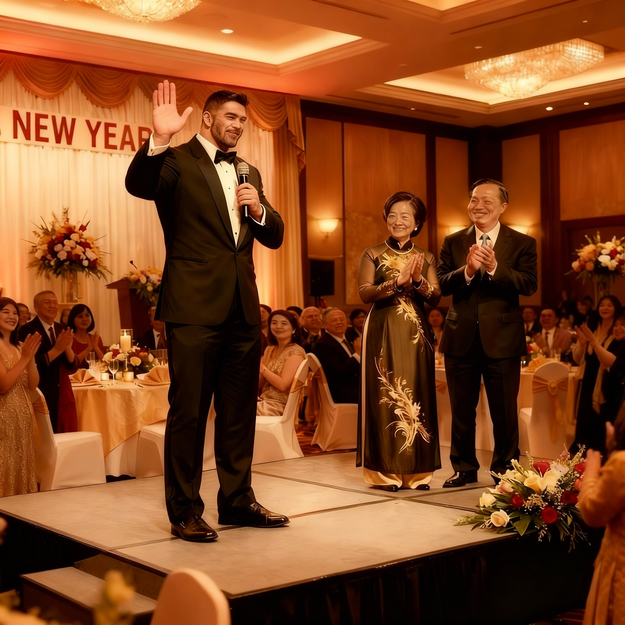 AI generated image using SEEDREAM: All people seated around the tables stand up and clap their hands.