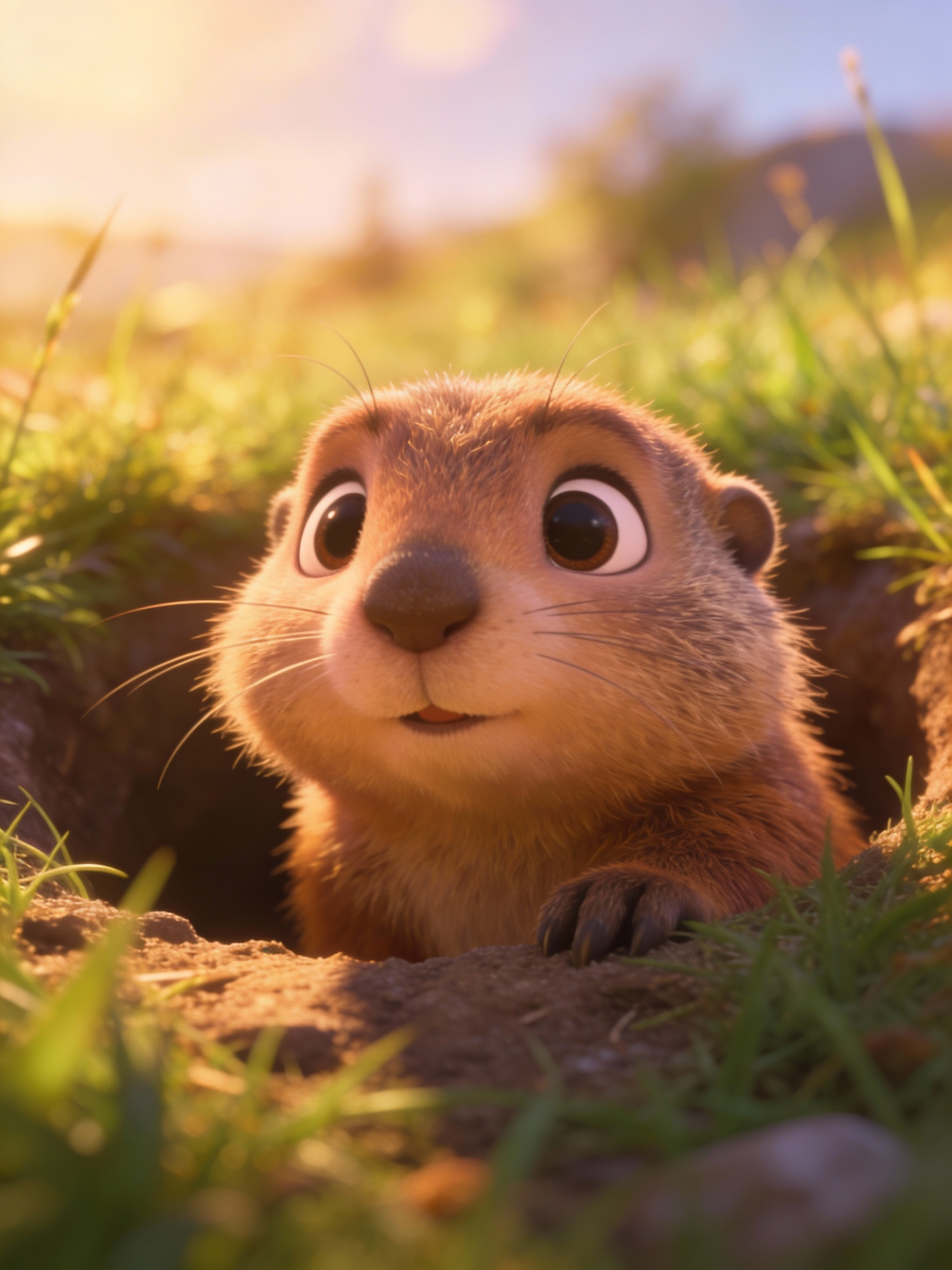 AI generated image using SEEDREAM_4_5: """
Cinematic shot, close-up: an adorable anthropomorphic groundhog emerges half...